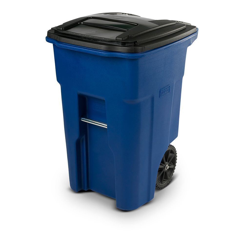 Blue Trash Can with Sunburst Wheels and Lid