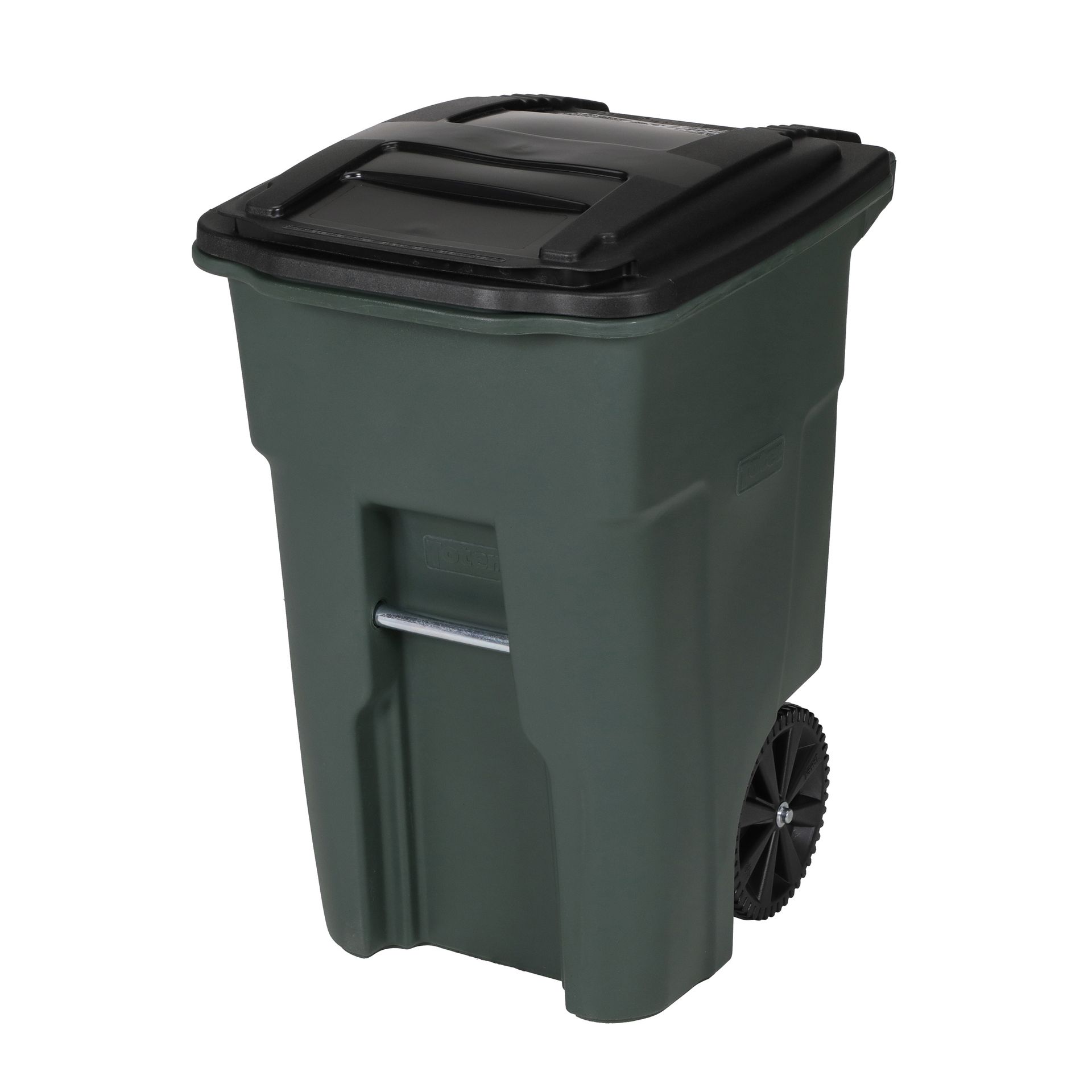 Green Trash Can with Wheels and Attached Lid