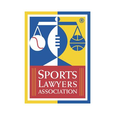 A logo for the sports lawyers association with a tennis ball and scales of justice