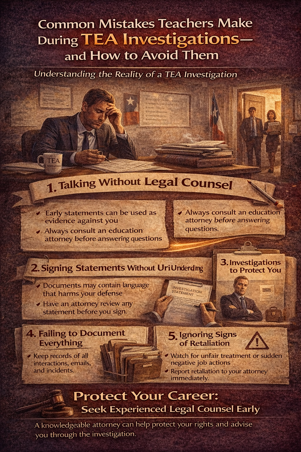 Infographic outlining common mistakes teachers make during Texas Education Agency (TEA) investigations, including speaking without legal counsel, signing statements without understanding them, failing to document events, and ignoring signs of workplace retaliation, with guidance on seeking legal advice to protect a teaching career.