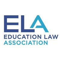 The logo for the ela education law association is blue and white.