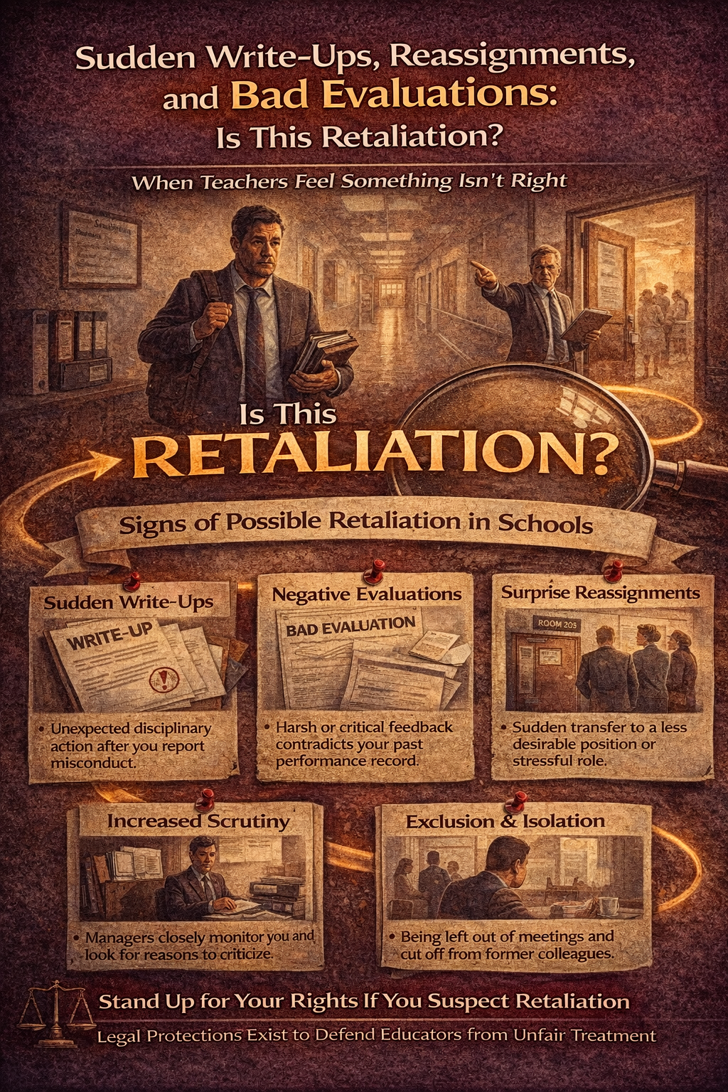 Infographic explaining possible workplace retaliation against teachers, showing warning signs such as sudden write-ups, negative evaluations, surprise job reassignments, increased scrutiny from supervisors, and exclusion from meetings after reporting misconduct or discrimination.
