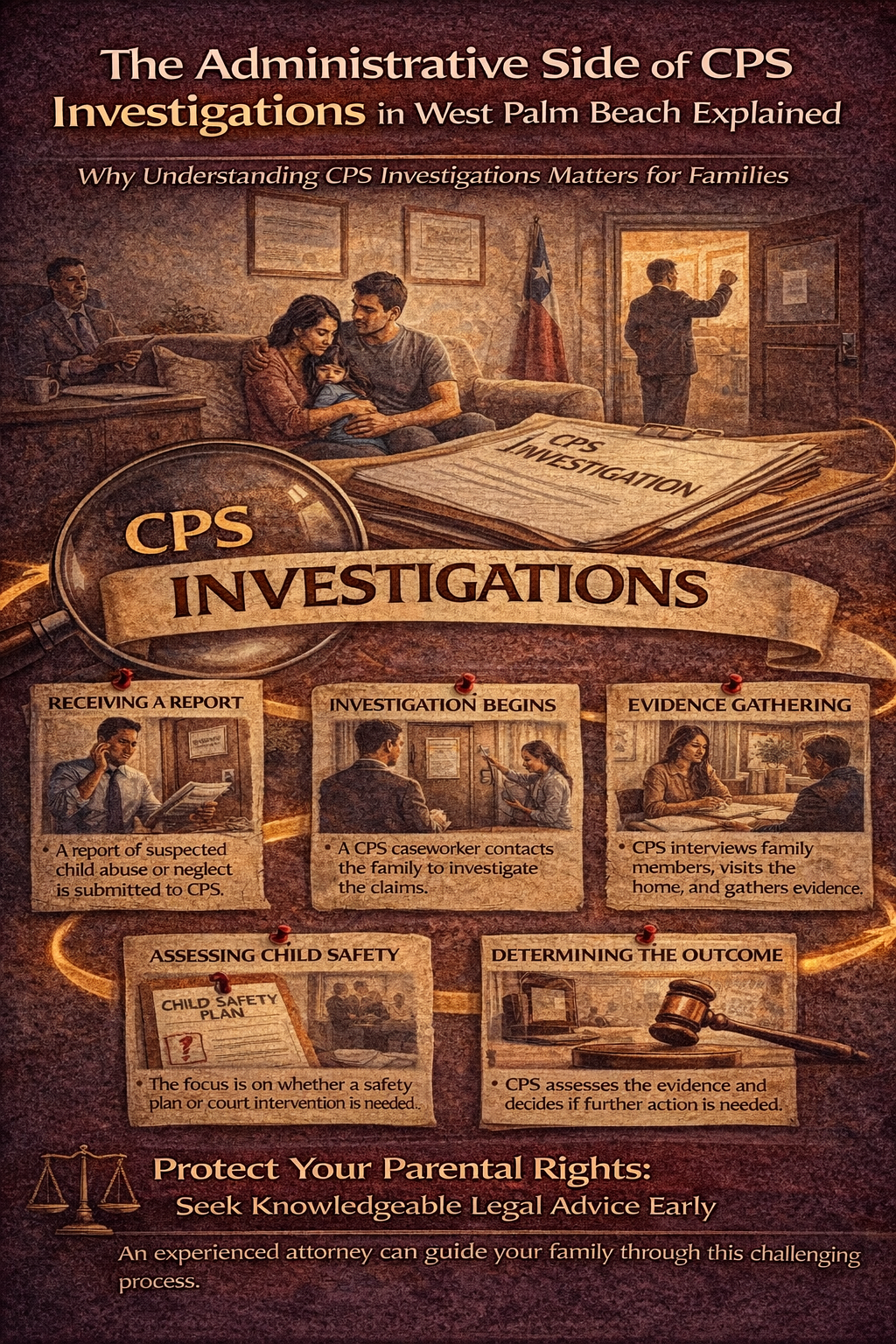 Infographic explaining the administrative process of CPS investigations in West Palm Beach, showing stages such as receiving a report, investigation by a CPS caseworker, evidence gathering, assessing child safety, determining the outcome, and the importance of legal guidance to protect parental rights.

