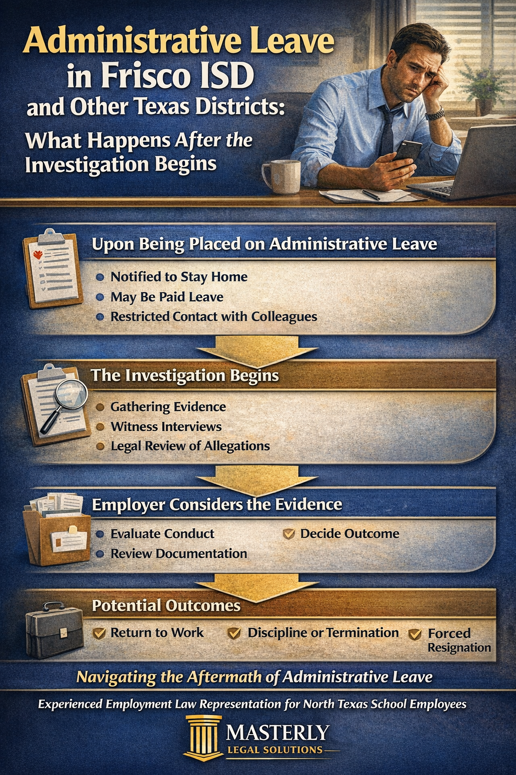 Infographic explaining what happens after an employee is placed on administrative leave in Frisco ISD and other Texas school districts, outlining steps such as being notified to stay home, investigation procedures, evidence review, and potential outcomes including return to work, termination, or forced resignation.