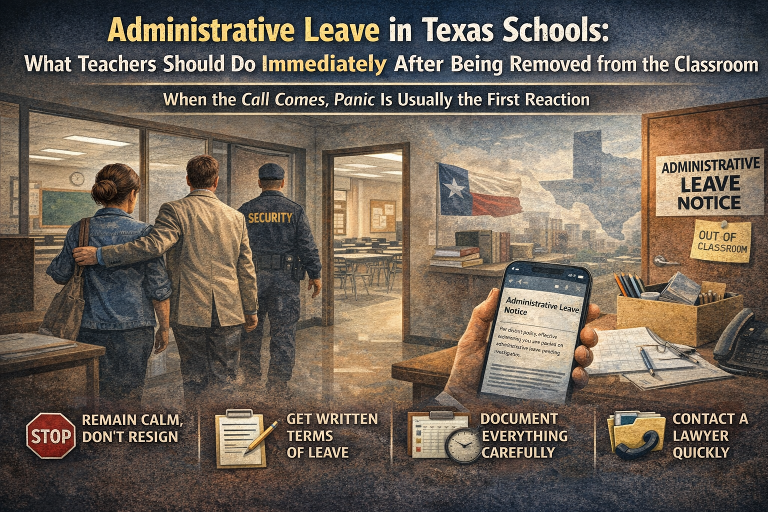 Illustration of a teacher being escorted out of a classroom by a school administrator and security while placed on administrative leave in a Texas school. The scene includes a notice on the door, a phone displaying an administrative leave message, and visual reminders of key steps such as staying calm, getting written terms, documenting events, and contacting a lawyer.