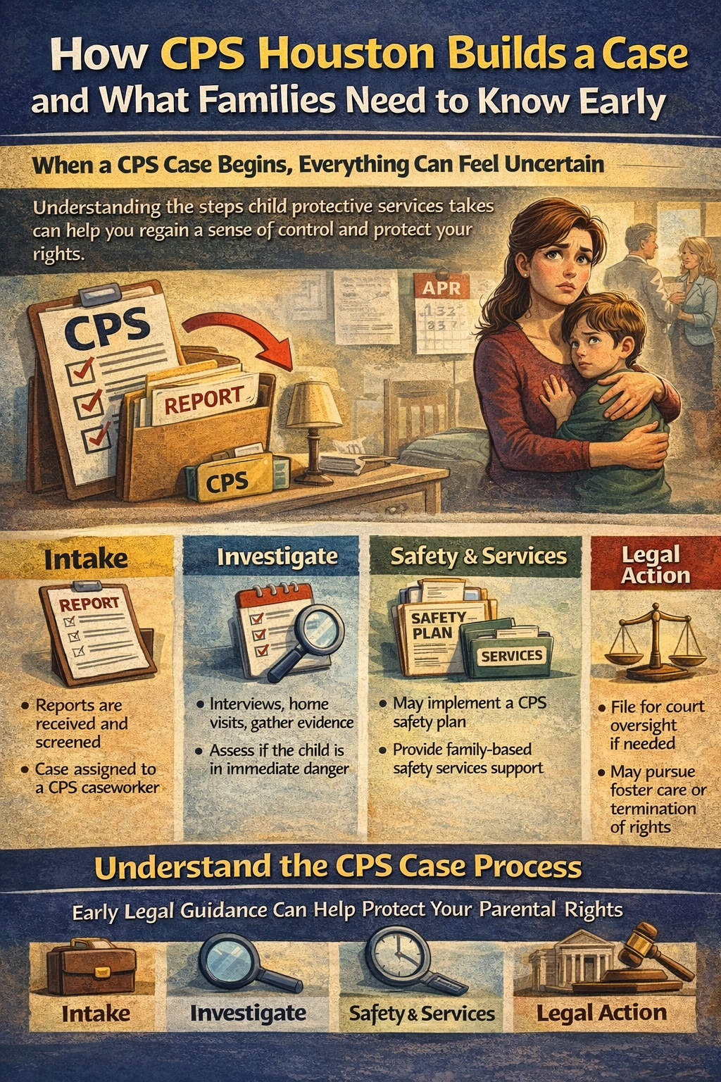 How CPS Houston Builds a Case and What Families Need to Know Early.” It shows a worried parent holding a child in a home setting, with CPS-related documents and a “report” folder nearby. The graphic outlines the CPS process in four stages: “Intake” (reports are received and assigned), “Investigate” (interviews, home visits, and evidence gathering), “Safety & Services” (implementation of a CPS safety plan and family-based services), and “Legal Action” (possible court involvement, foster care, or termination of parental rights). A final section emphasizes understanding the CPS case process and seeking early legal guidance to protect parental rights.