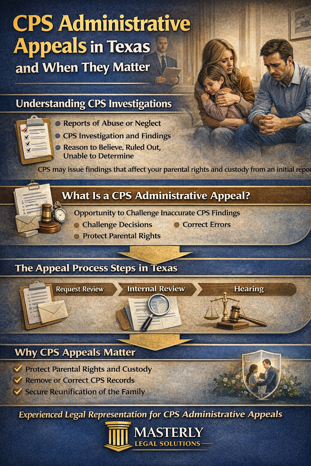 Infographic explaining CPS administrative appeals in Texas, outlining the investigation process, appeal steps such as requesting review, internal review, and hearings, and emphasizing how appeals help protect parental rights, correct records, and support family reunification.