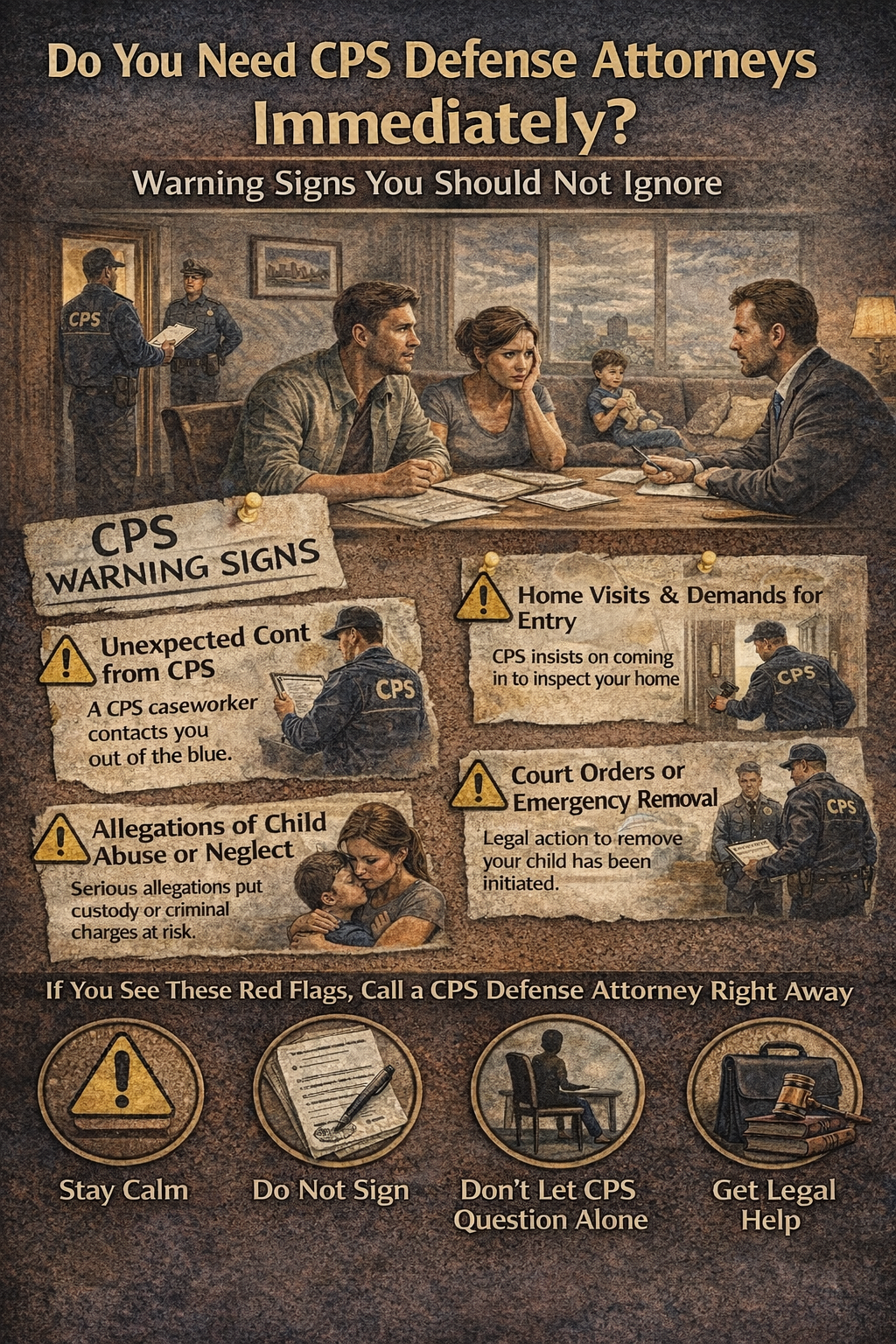 Infographic showing worried parents meeting with a CPS caseworker and an attorney, highlighting warning signs of a CPS investigation such as unexpected contact, home visits, abuse allegations, and possible child removal. The image includes visual reminders to stay calm, avoid signing documents, not face CPS alone, and seek legal help immediately.