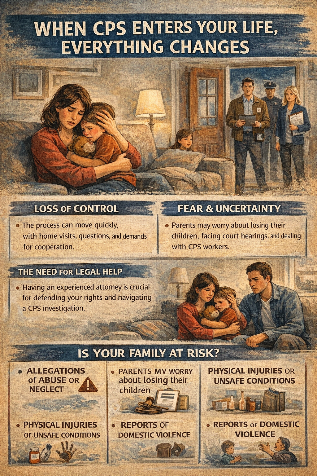 When CPS Enters Your Life, Everything Changes,” depicting an emotional family scene inside a home as CPS workers stand at the doorway. A mother holds and comforts a child while another child sits nearby, illustrating fear and uncertainty. The graphic highlights key themes such as loss of control, fear of losing custody, and the need for legal help during a CPS investigation. Additional sections show common triggers like allegations of abuse or neglect, unsafe living conditions, and domestic violence, using icons such as warning signs, documents, and legal symbols to represent risks and legal processes.