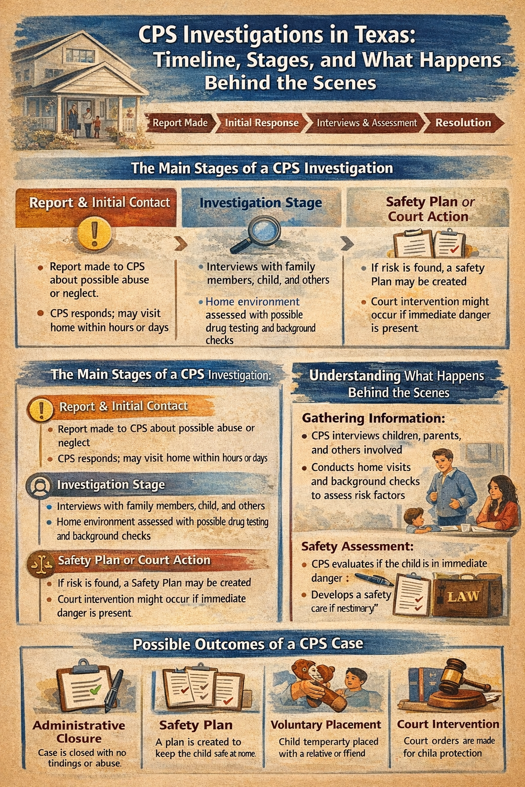CPS Investigations in Texas: Timeline, Stages, and What Happens Behind the Scenes,” featuring a step-by-step visual timeline of a CPS case. The graphic shows a house with a family at the top and arrows moving through stages such as report made, initial response, interviews and assessment, and resolution. Sections explain the main stages of a CPS investigation, including report and initial contact, investigation stage, and safety plan or court action. Additional panels illustrate behind-the-scenes activities like interviews, home visits, and risk assessments. The bottom section outlines possible outcomes, including administrative closure, safety plans, voluntary placement with relatives, and court intervention, using icons like clipboards, families, and legal symbols.