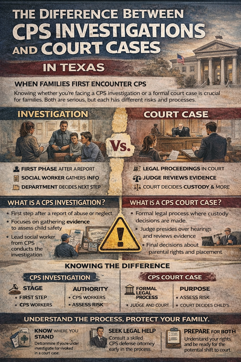 The Difference Between CPS Investigations and Court Cases in Texas.” It compares two stages of child protective services involvement. The left side illustrates a CPS investigation, showing a social worker speaking with a family and explaining that it is the first phase after a report, focused on gathering information and assessing child safety. The right side shows a courtroom scene, representing a CPS court case where a judge reviews evidence and makes legal decisions about custody and parental rights. Additional sections define each process, highlight key differences in authority and purpose, and emphasize that investigations involve CPS workers while court cases involve formal legal proceedings. The infographic concludes with guidance to understand your situation, seek legal help, and prepare for possible court involvement to protect your family.