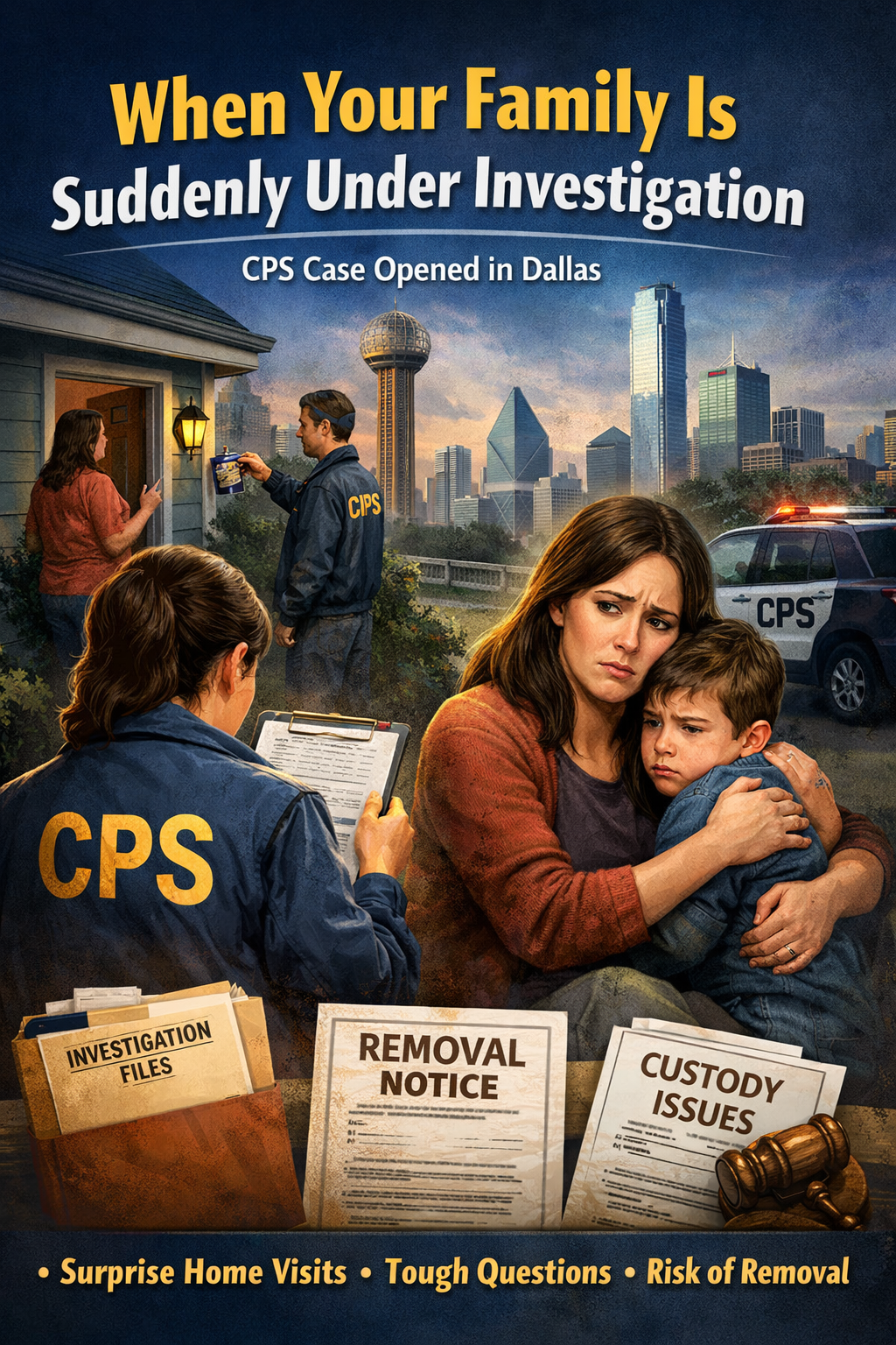 When Your Family Is Suddenly Under Investigation” showing a distressed mother holding a young child while looking worried. A CPS caseworker with a clipboard stands nearby, and another CPS worker is seen at the front door speaking with a parent. A CPS vehicle and the Dallas skyline appear in the background, reinforcing the setting. At the bottom, documents labeled “Investigation Files,” “Removal Notice,” and “Custody Issues,” along with a judge’s gavel, highlight the legal seriousness of the situation. The overall tone conveys fear, uncertainty, and the emotional impact of a CPS investigation on a family.