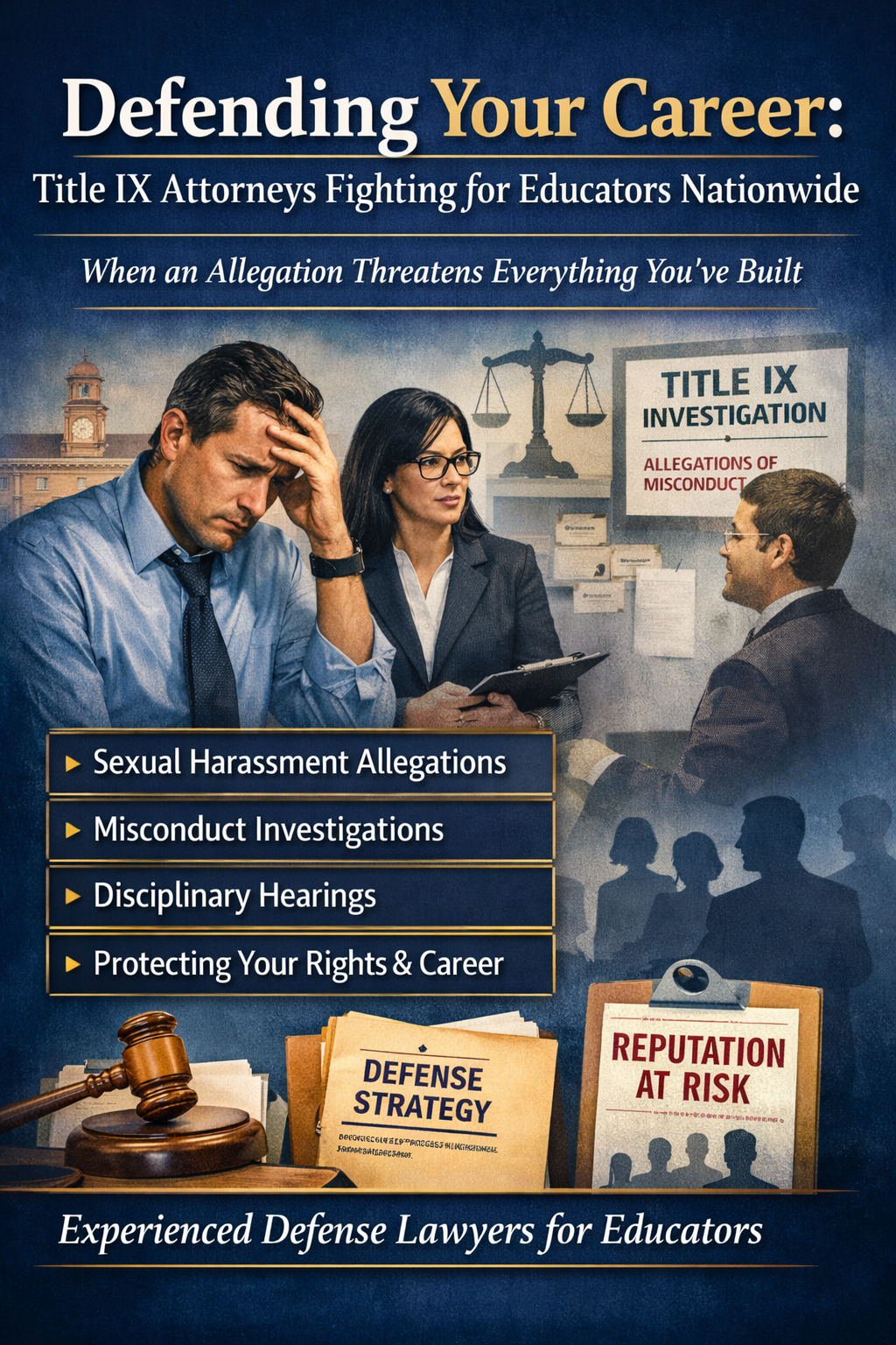 Defending Your Career: Title IX Attorneys Fighting for Educators Nationwide.” It shows a distressed male educator holding his head while sitting in an office, speaking with a female attorney who is reviewing documents on a clipboard. In the background, another professional is engaged in discussion near a board labeled “Title IX Investigation – Allegations of Misconduct,” alongside a scale of justice symbol. The design uses a blue and gold color scheme and includes bullet points highlighting key issues such as sexual harassment allegations, misconduct investigations, disciplinary hearings, and protecting your rights and career. At the bottom, a judge’s gavel, legal documents labeled “Defense Strategy,” and a file marked “Reputation at Risk” emphasize the legal stakes and potential consequences.