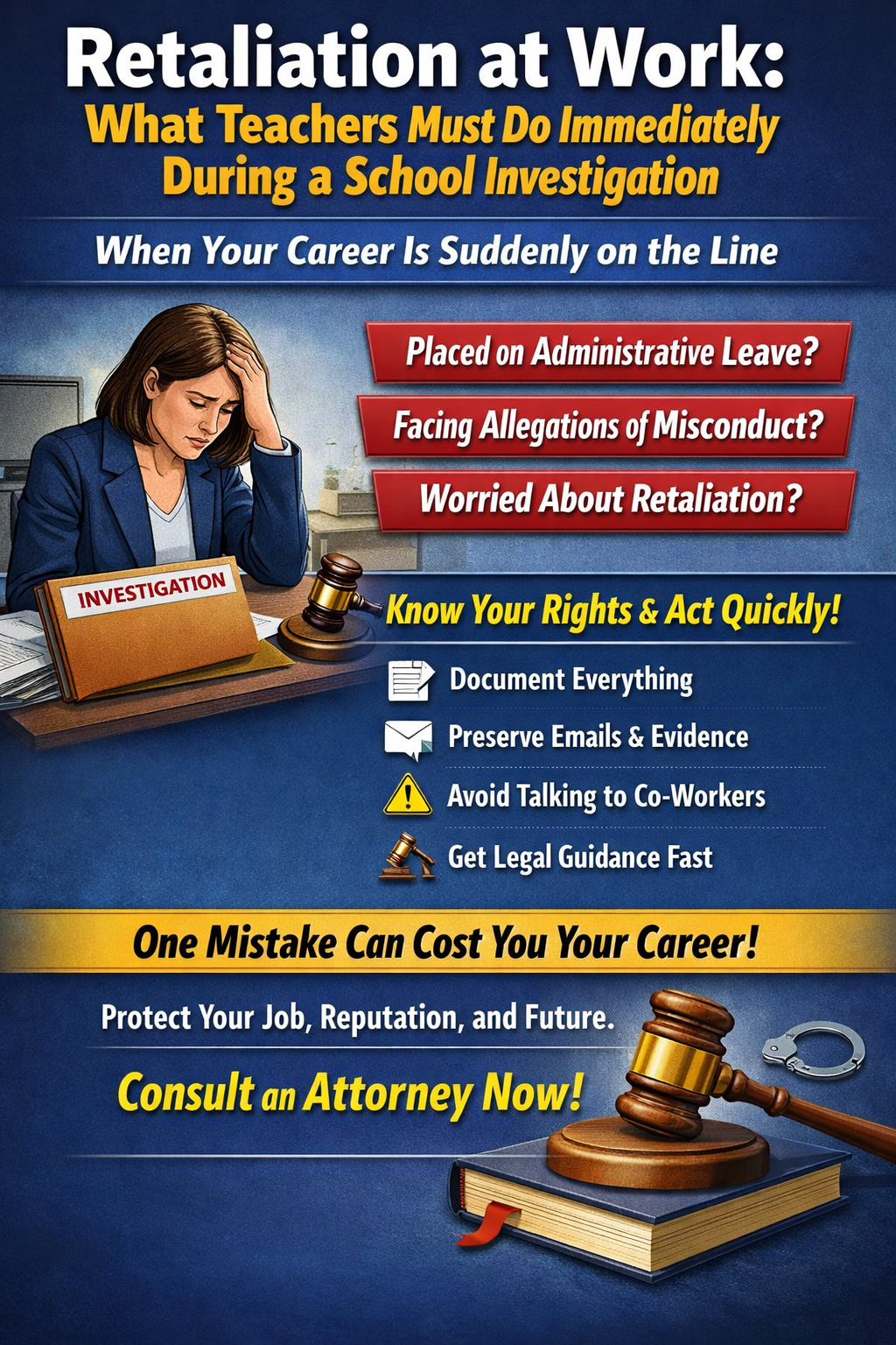 Retaliation at Work: What Teachers Must Do Immediately During a School Investigation.” It shows a stressed female teacher sitting at a desk with her head in her hand next to a folder labeled “Investigation.” The design features bold yellow and white text on a dark blue background, highlighting key concerns like being placed on administrative leave, facing misconduct allegations, and fear of retaliation. A section titled “Know Your Rights & Act Quickly!” lists steps such as documenting everything, preserving emails and evidence, avoiding discussions with coworkers, and seeking legal guidance. At the bottom, a judge’s gavel and handcuffs symbolize legal consequences, alongside a warning that one mistake can cost your career and a call to consult an attorney.