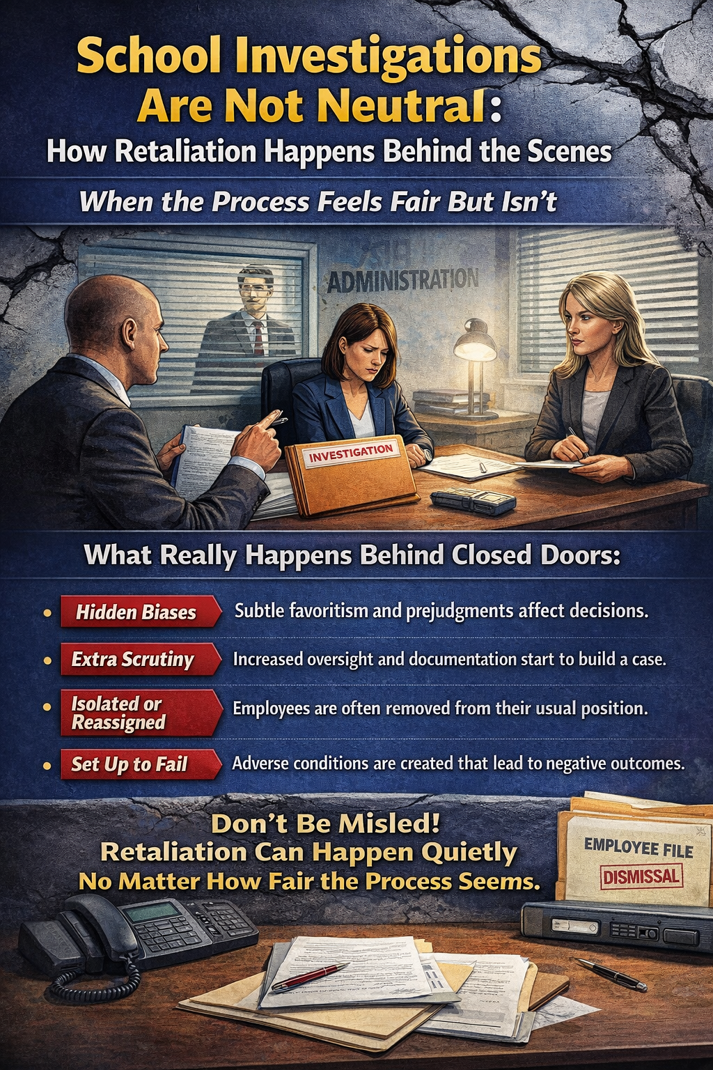 School Investigations Are Not Neutral: How Retaliation Happens Behind the Scenes.” It depicts a tense meeting scene where a distressed female teacher sits at a table across from two administrators reviewing documents labeled “Investigation,” while another figure watches through a window, suggesting scrutiny. The design uses bold yellow and white text on a dark blue and gray textured background. A section titled “What Really Happens Behind Closed Doors” lists key warning signs of retaliation, including hidden biases, extra scrutiny, isolation or reassignment, and being set up to fail. At the bottom, paperwork, a phone, and a file labeled “Employee File – Dismissal” emphasize the potential consequences, alongside a warning message that retaliation can happen quietly even when the process appears fair.