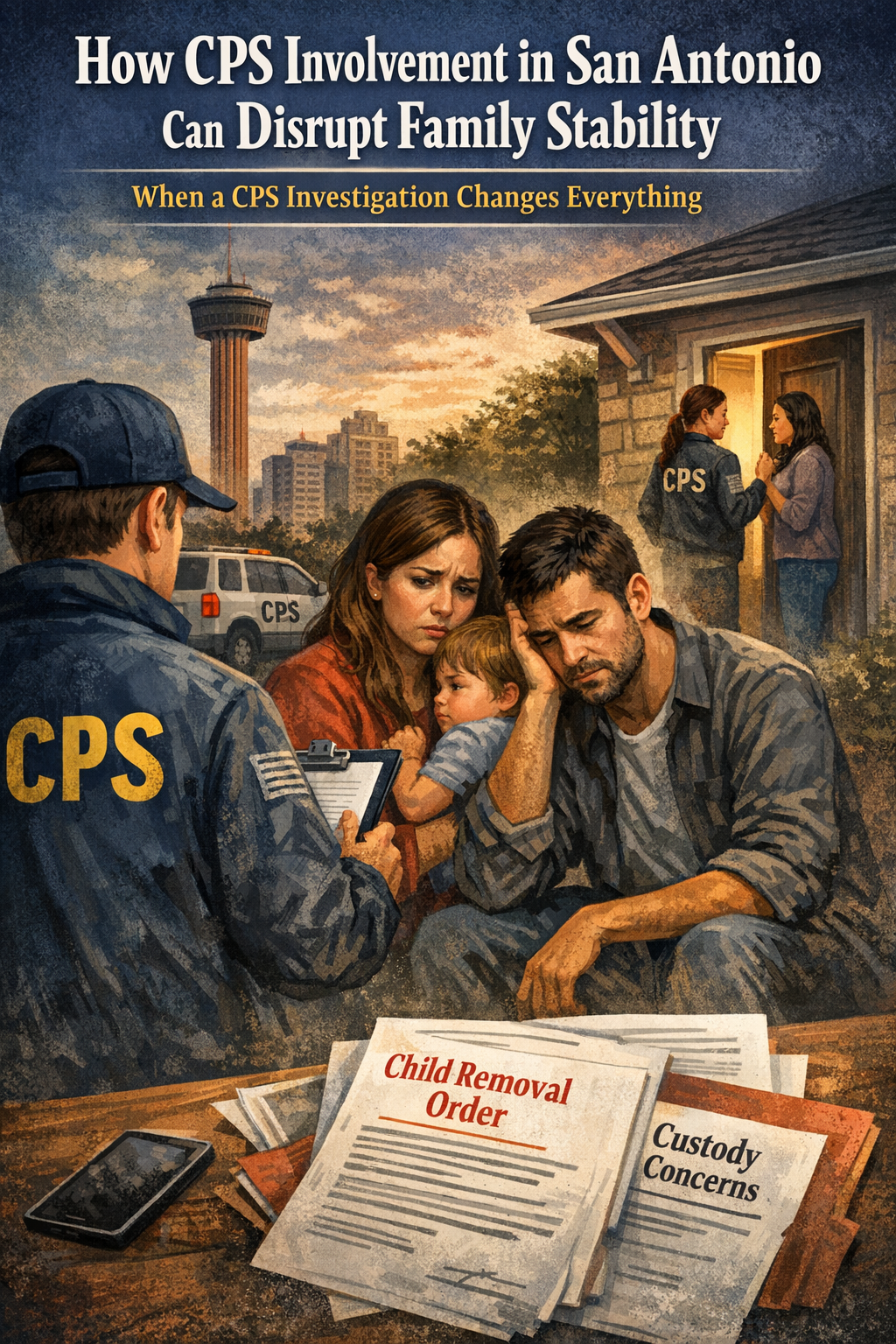 How CPS Involvement in San Antonio Can Disrupt Family Stability.” It shows a distressed family sitting outside their home, with a worried mother holding a child and a father with his head in his hand, appearing overwhelmed. In the foreground, a CPS worker with a clipboard faces them, symbolizing an active investigation. In the background, another CPS agent speaks with a woman at the front door, while a CPS vehicle and the San Antonio skyline, including a recognizable tower, are visible. At the bottom, documents labeled “Child Removal Order” and “Custody Concerns” highlight the legal risks. The overall tone conveys fear, uncertainty, and the emotional impact of a CPS investigation on a family.