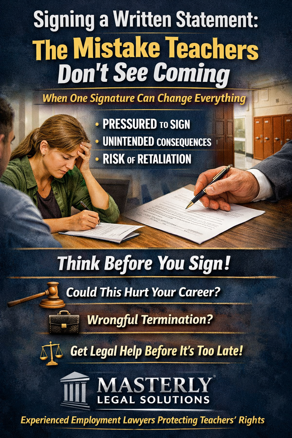 A promotional graphic from Masterly Legal Solutions showing a stressed teacher signing a document while an administrator presents paperwork. The headline reads “Signing a Written Statement: The Mistake Teachers Don’t See Coming” with the subheading “When One Signature Can Change Everything.” Bullet points warn of pressure to sign, unintended consequences, and risk of retaliation. The bottom includes a call to action urging teachers to think before signing and seek legal help, along with the Masterly Legal Solutions logo.