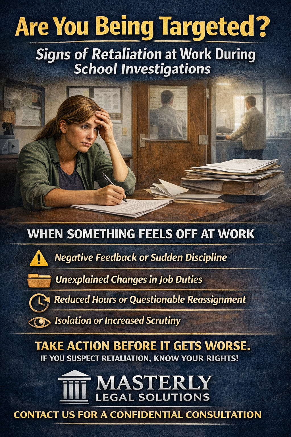 Are You Being Targeted? Signs of Retaliation at Work During School Investigations
When Something Feels Off at Work
There is a moment many educators recognize but struggle to explain. You walk into the workplace, and something feels different. Conversations stop when you enter, your supervisor seems distant, and your job suddenly feels uncertain. In dallas fort worth school districts, this shift often happens during or after an investigation, leaving employees wondering if they are being targeted.
At Masterly Legal Solutions, we regularly hear from workers who sensed something was wrong long before they could define it. Retaliation does not always announce itself clearly. Instead, it develops quietly, often disguised as routine workplace decisions.
What Retaliation Really Means
Retaliation occurs when an employer takes negative action against an employee for engaging in a protected activity. This could include filing a complaint, reporting harassment, or participating in an investigation as a witness. Under federal law, including Title VII, retaliation is prohibited, but that does not mean it never happens.
The law is designed to protect employees, but employers sometimes push boundaries. Understanding how retaliation is defined can help you recognize when your rights are being violated.
Why School Investigations Create Risk
An investigation can place employees in a vulnerable position. Whether you are the person who filed a complaint, a witness, or someone accused of misconduct, the environment can quickly become tense, often requiring support from legal counsel with experience in education law and internal workplace investigations.
During this period, employers may take steps they claim are neutral, such as placing employees on administrative leave. However, depending on the circumstances, these actions may be part of a broader pattern of retaliation.
The Reality of Administrative Leave
Administrative leave is one of the most common tools used during a workplace investigation. It may be presented as standard procedure, but it can carry serious consequences.
In many cases, administrative leave is framed as paid administrative leave, suggesting that it is not punitive. However, being removed from your job—even temporarily—can damage your reputation, affect your wages, and isolate you from co workers.
Paid Administrative Leave Isn’t Always Neutral
Being placed on paid administrative leave can feel confusing. On the surface, receiving pay may seem like a benefit. But the reality is more complex.
Paid leave often comes with restrictions, including limits on communication, access to school resources, and participation in normal job duties. Over time, this absence can impact how others perceive you, especially during a prolonged investigation period.
Signs You May Be Experiencing Retaliation
Retaliation can take many forms, and not all of them are obvious. Employees should pay attention to changes that occur after they engage in protected activity.
Some warning signs include:
Sudden changes to your employee's work schedule or hours
Increased scrutiny from a supervisor or manager
Being placed on administrative leave without clear explanation
Receiving discipline for minor issues that were previously ignored
These actions may seem small individually, but together they can establish a pattern of retaliation.
When Discipline Feels Different
Discipline is a normal part of any workplace, but it should be applied fairly and consistently. When discipline suddenly becomes harsher or more frequent, it may signal a problem.
For example, an employee who files a complaint about harassment may begin receiving write-ups for minor infractions. This type of response can indicate that the employer is acting in retaliation rather than addressing legitimate performance concerns.
Changes in Pay and Work Conditions
Another red flag is a sudden change in pay, hours, or job responsibilities. Employees may notice reductions in wages, fewer hours, or reassignment to less desirable duties.
These changes can have a direct impact on your financial stability and career trajectory. If they occur after engaging in protected activity, they may support a retaliation claim.
The Role of Supervisors and Managers
Supervisors and managers play a key role in workplace dynamics. When a supervisor begins treating an employee differently after a complaint or investigation, it can create a hostile environment.
A manager may increase scrutiny, question your performance more aggressively, or exclude you from meetings. These actions can make it difficult to do your job and may be part of a broader pattern of retaliation.
Sexual Advances and Harassment Concerns
Sexual harassment remains a serious issue in many workplaces. Employees who report unwanted sexual advances or inappropriate behavior are protected under federal law.
However, retaliation can follow these reports. A person who speaks up may face isolation, discipline, or even termination. This is why it is critical to document incidents and seek legal guidance early.
Employment Discrimination and Retaliation
Employment discrimination and retaliation often go hand in hand. Employees who report discrimination based on disability, immigration status, or other protected characteristics may become targets.
A discrimination claim can trigger an employer response that includes adverse actions. Understanding this connection is essential when evaluating your situation.
The Importance of Protected Activity
Protected activity is a key concept in employment law. It includes actions such as filing a complaint, cooperating with an investigation, or reporting illegal conduct.
Engaging in protected activity should never result in punishment. If it does, the employer may be violating federal regulations and state laws.
Witnesses Are Not Immune
Even if you are only a witness in an investigation, you are still protected. Participating in an investigation is considered protected activity under federal law, including in situations involving Texas Education Agency (TEA) investigations of educators.
Unfortunately, witnesses may also face retaliation. A witness who provides truthful reports may be treated differently by a supervisor or co workers, especially if their testimony supports a complaint.
The Impact of Investigations on Employees
Investigations can create stress and uncertainty for employees. The process may involve interviews, written statements, and ongoing scrutiny, especially for teachers navigating school and education law investigations.
During this period, employees may feel isolated or targeted. These feelings are not always imagined. In many cases, they reflect real changes in how the employer is acting.
How Federal Agencies Get Involved
Federal agencies such as the equal employment opportunity commission (EEOC) play a critical role in protecting workers. Employees who believe they have been discriminated against or retaliated against can file a complaint with the EEOC or seek help from a retaliation and employment law attorney.
The EEOC investigates claims and may take action against employers who violate the law. Filing with this agency is often a necessary step before pursuing a lawsuit.
Filing a Complaint the Right Way
Filing a complaint requires careful planning. Employees must follow specific procedures and deadlines when submitting claims to the EEOC or other federal agencies.
Missing a deadline or providing incomplete information can affect your ability to pursue a claim. This is why legal assistance is so important.
How Retaliation Can Escalate
Retaliation often begins subtly but can escalate over time. What starts as increased scrutiny may lead to discipline, suspension, or termination.
Understanding this progression can help employees take action early. The sooner you recognize retaliation, the better your chances of protecting your rights.
When Administrative Leave Becomes a Warning Sign
While administrative leave is sometimes necessary, repeated or prolonged use can signal a problem. Being placed on administrative leave multiple times or for extended periods may indicate that the employer is acting unfairly.
This is especially true if the leave follows a complaint or participation in an investigation.
The Emotional Toll of Being Targeted
Being targeted in the workplace is not just a legal issue—it is a personal one. Employees may feel anxious, frustrated, or even fearful about their job security.
These emotions are valid. Recognizing them can help you take steps to protect yourself and seek support.
Understanding Your Legal Protections
Federal law and state laws are designed to protect employees from retaliation, harassment, and discrimination. These laws establish clear guidelines for employer behavior.
However, enforcing these protections often requires action. Employees must be willing to file claims and seek legal assistance when necessary.
The Role of Documentation
Documentation is critical in any employment dispute. Employees should keep records of all communications, reports, and actions taken by their employer.
This information can help establish a pattern of retaliation and support your claim.
Recognizing Patterns of Behavior
Retaliation is rarely a single event. It is usually a series of actions that, when viewed together, reveal a pattern.
For example, an employee may experience changes in hours, increased discipline, and isolation from co workers. Each action may seem minor, but together they can demonstrate retaliation.
How Employers Try to Justify Their Actions
Employers often provide explanations for their actions. They may claim that discipline is performance-based or that administrative leave is standard procedure.
While these explanations may sound reasonable, they should be examined carefully. In some cases, they are used to mask retaliation.
When to Seek Legal Assistance
If you believe you are being targeted, it is important to seek legal assistance as soon as possible. An experienced attorney can help determine whether your situation involves retaliation or another violation of employment law.
Early action can make a significant difference in the outcome of your case.
Protecting Your Career and Future
Your job is more than just a paycheck. It represents your career, your stability, and your future.
Taking steps to protect yourself during a workplace investigation is essential. This includes understanding your rights and seeking guidance when needed.
How We Help Employees
At Masterly Legal Solutions, we are committed to helping employees navigate complex workplace issues. Our team understands the challenges workers face during investigations and retaliation claims.
We work closely with clients to establish strong cases and pursue the compensation they deserve.
You Are Not Alone in This Process
Many employees feel isolated when facing retaliation. However, you are not alone. There are legal protections and resources available to help you.
Reaching out for assistance can provide clarity and support during a difficult time.
Take Action Before It Gets Worse
Waiting too long to act can limit your options. If you notice signs of retaliation, it is important to take them seriously.
Consulting with an attorney early can help you determine the best course of action and protect your rights.