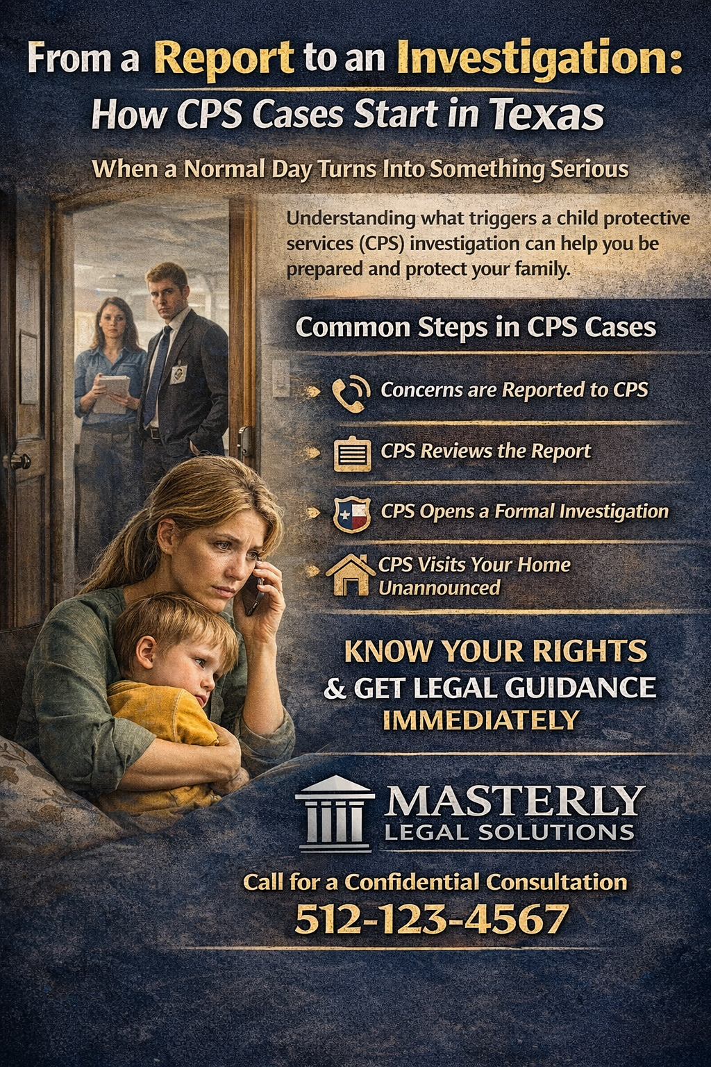 Masterly Legal Solutions showing a worried mother holding a child while speaking on the phone, with two CPS investigators standing in a doorway in the background. The headline reads “From a Report to an Investigation: How CPS Cases Start in Texas,” with a subheading “When a Normal Day Turns Into Something Serious.” The graphic outlines steps in a CPS case, including reports being made, review by CPS, opening an investigation, and unannounced home visits. It encourages viewers to know their rights and seek legal guidance, and includes the Masterly Legal Solutions logo and a contact number for a confidential consultation.