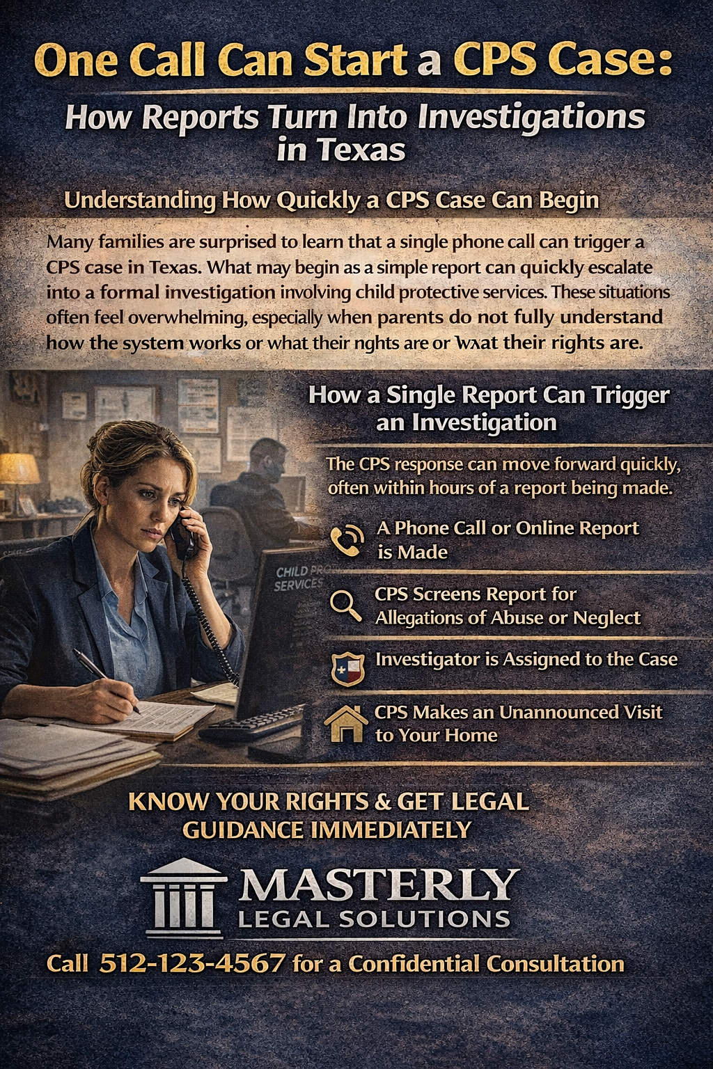 A promotional graphic from Masterly Legal Solutions featuring a concerned woman speaking on the phone while writing notes at a desk, symbolizing the start of a CPS case. The headline reads “One Call Can Start a CPS Case: How Reports Turn Into Investigations in Texas.” The graphic explains how a report leads to an investigation, including steps such as a phone call or online report, CPS screening for abuse or neglect, assignment of an investigator, and an unannounced home visit. It emphasizes the urgency of understanding your rights and seeking legal guidance, and includes the Masterly Legal Solutions logo and a contact number for a confidential consultation.