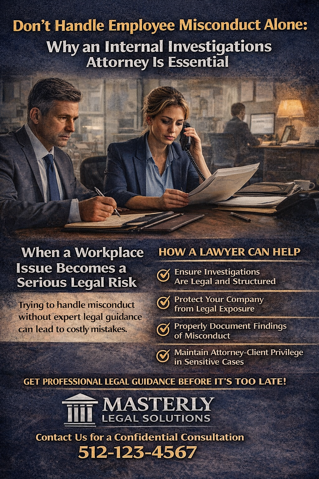 A promotional graphic from Masterly Legal Solutions showing two professionals in an office reviewing documents, one speaking on the phone, representing a workplace investigation scenario. The headline reads “Don’t Handle Employee Misconduct Alone: Why an Internal Investigations Attorney Is Essential.” The graphic explains the risks of handling misconduct without legal guidance and highlights how a lawyer can help, including ensuring investigations are structured, protecting the company from legal exposure, properly documenting findings, and maintaining attorney-client privilege. It includes a call to seek professional legal guidance and displays the Masterly Legal Solutions logo with a contact number for a confidential consultation.