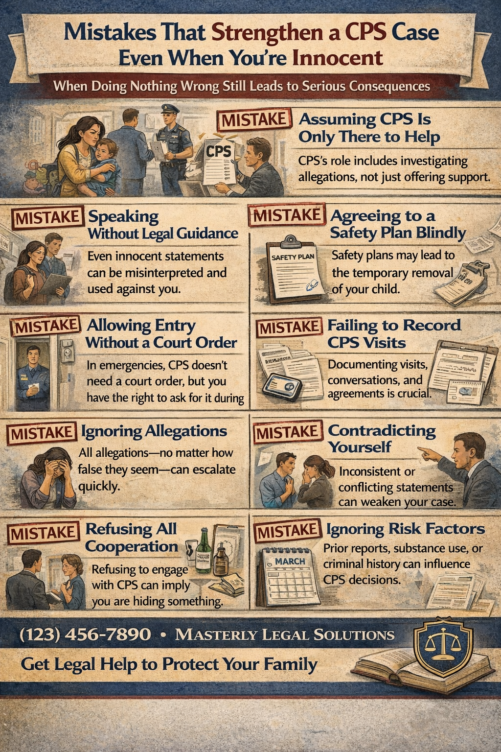 Mistakes That Strengthen a CPS Case Even When You’re Innocent,” illustrating common errors parents make during a CPS investigation. It includes scenes of a concerned parent with a child, interactions with CPS workers, and labeled sections highlighting mistakes such as speaking without legal guidance, agreeing to safety plans without understanding them, allowing entry without a court order, failing to document visits, ignoring allegations, contradicting statements, refusing cooperation, and overlooking risk factors, along with a call to seek legal help.