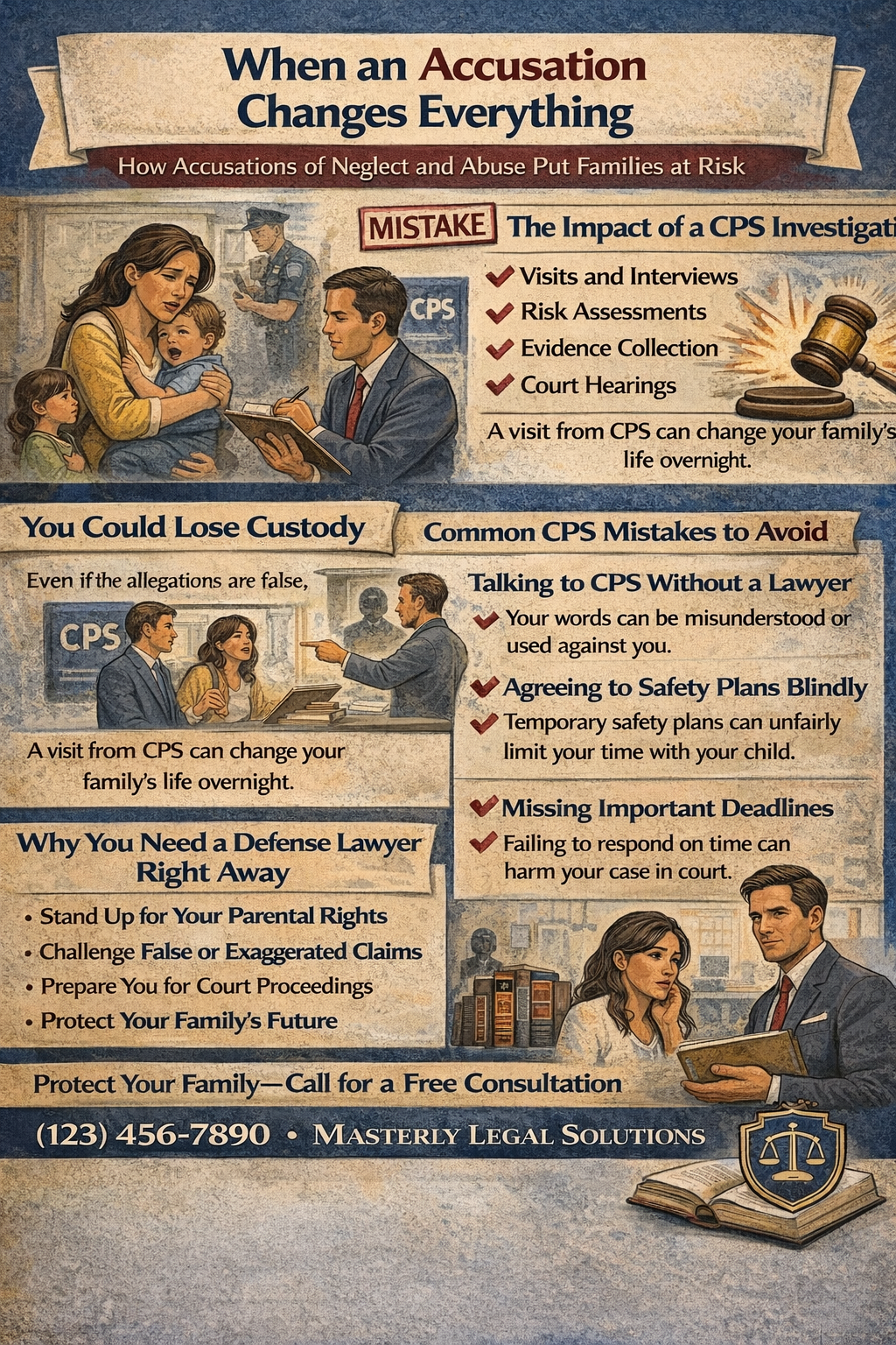 When an Accusation Changes Everything,” illustrating how allegations of child neglect or abuse can escalate into serious CPS investigations. The image shows a distressed parent holding a child while interacting with CPS workers, alongside sections explaining the investigation process, potential loss of custody, common mistakes to avoid, and the importance of hiring a defense lawyer to protect parental rights and family stability.