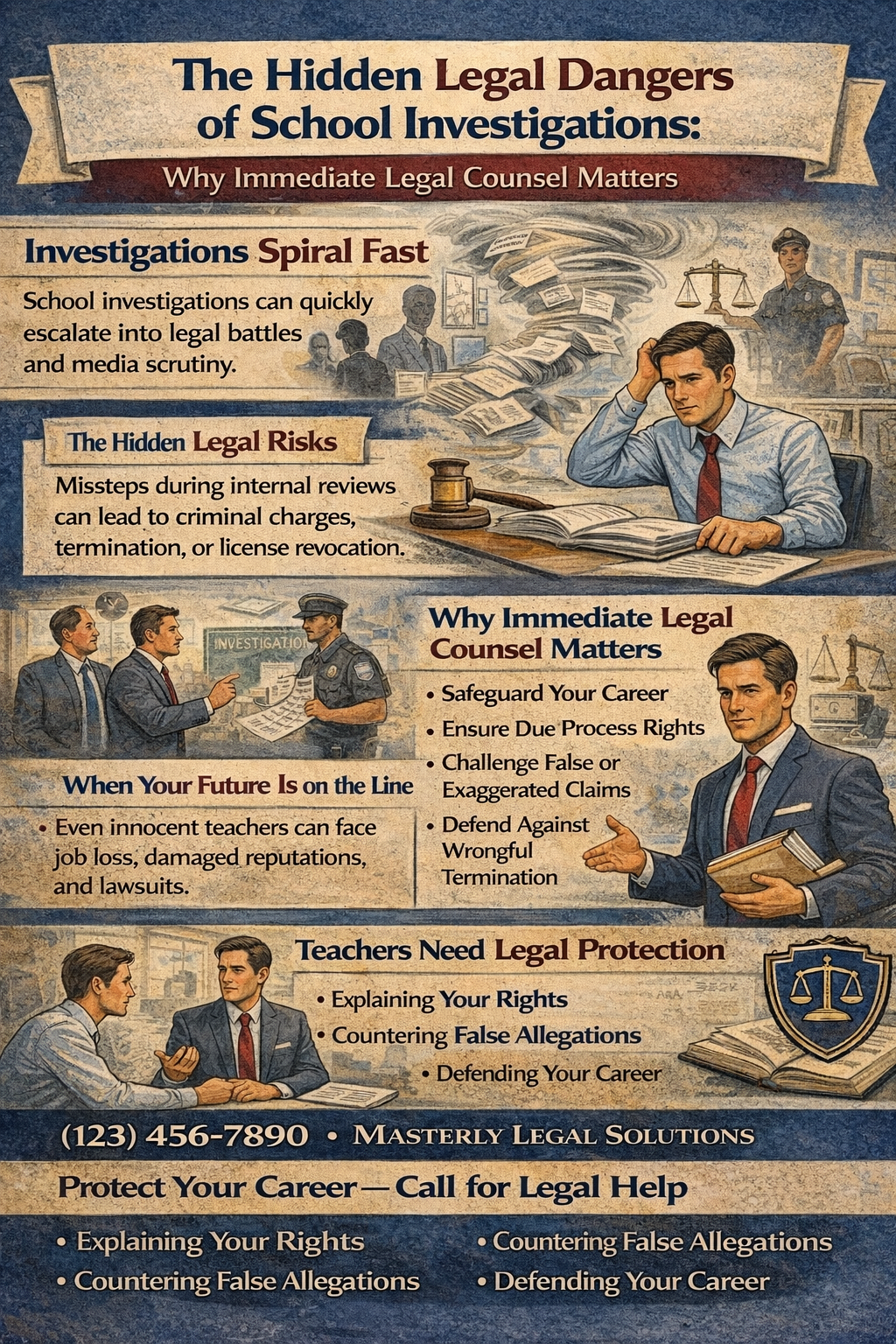 The Hidden Legal Dangers of School Investigations: Why Immediate Legal Counsel Matters,” showing a stressed teacher surrounded by paperwork as an investigation escalates. The image includes sections explaining how school investigations can spiral quickly, hidden legal risks, potential consequences like termination or legal action, and the importance of hiring an education attorney early to protect due process rights, career, and professional reputation.