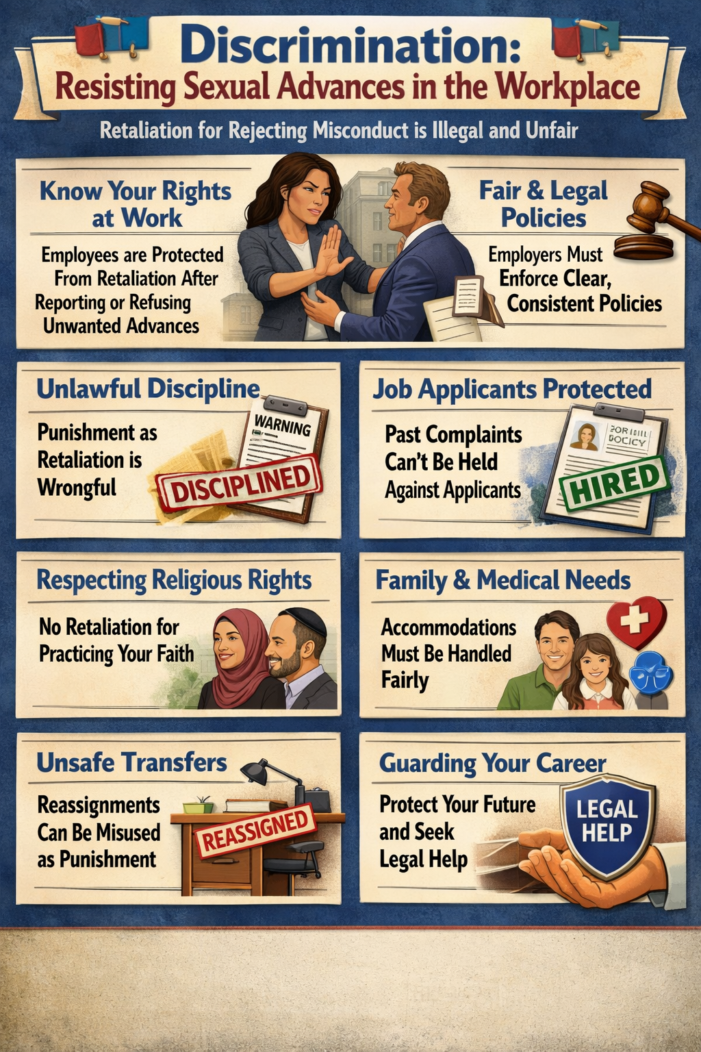 Discrimination: Resisting Sexual Advances in the Workplace” showing a woman rejecting an inappropriate advance from a male coworker, with sections explaining employee rights, protection from retaliation, fair workplace policies, unlawful discipline, protections for job applicants, religious rights, family and medical accommodations, risks of reassignment, and the importance of seeking legal help.