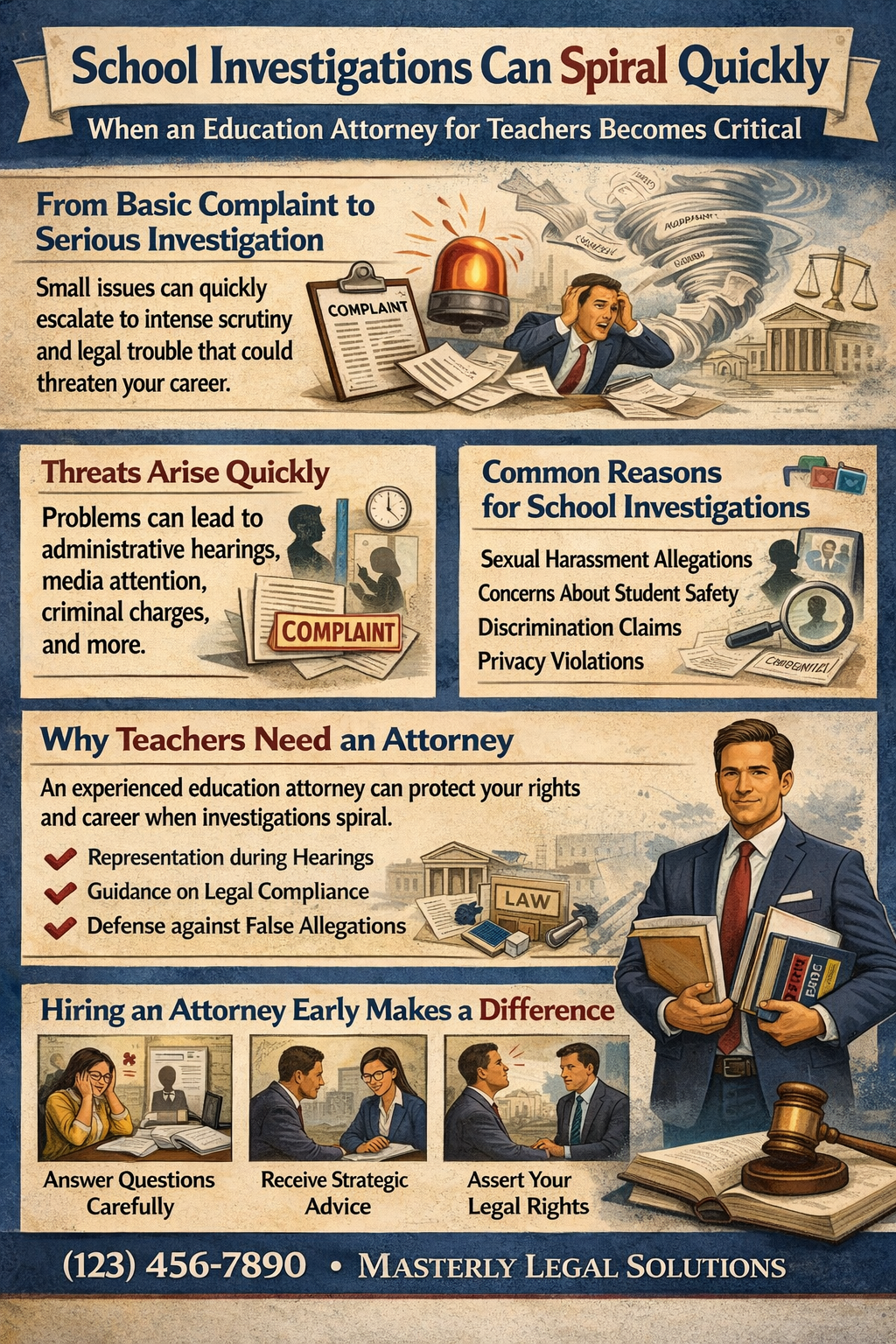 School Investigations Can Spiral Quickly: When an Education Attorney for Teachers Becomes Critical,” showing how a simple complaint can escalate into serious legal issues. The image includes illustrations of a stressed teacher surrounded by paperwork, a complaint form, and a warning light, along with sections explaining common causes of investigations, risks of escalation, and the importance of hiring an attorney early to protect legal rights and career.