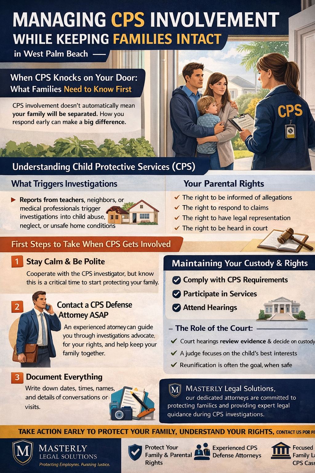 Managing CPS Involvement While Keeping Families Intact in West Palm Beach.” It shows a CPS worker speaking with parents holding a child at their front door. Sections explain what happens when CPS gets involved, emphasizing that investigations do not automatically lead to family separation. It outlines triggers for CPS investigations (reports from teachers, neighbors, or medical professionals) and highlights parental rights, including being informed of allegations, responding to claims, and having legal representation.
Additional sections provide steps to take when CPS arrives (stay calm, contact an attorney, document everything), guidance on maintaining custody (complying with CPS requirements, attending hearings, participating in services), and the role of the court in reviewing evidence and deciding custody. The infographic also promotes early action and legal support, with a footer encouraging families to protect their rights and seek help from Masterly Legal Solutions.