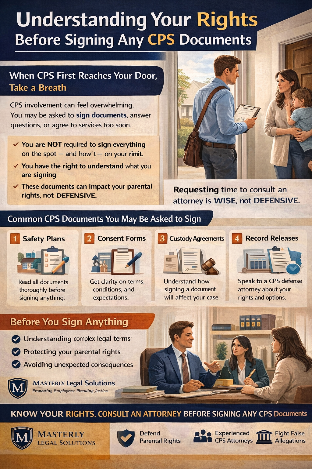 Understanding Your Rights Before Signing Any CPS Documents.” It shows a CPS worker at a family’s front door speaking with parents holding a child. The design highlights key messages about staying calm and not signing documents immediately. A section explains that parents are not required to sign everything on the spot and have the right to understand what they are agreeing to.
The infographic outlines common CPS documents, including safety plans, consent forms, custody agreements, and record releases, emphasizing the importance of reviewing each carefully. Another section lists steps to take before signing anything, such as understanding legal terms, protecting parental rights, and avoiding unintended consequences.
It also encourages consulting a CPS defense attorney and includes a visual of a lawyer advising a family. The footer reinforces the message to know your rights and seek legal guidance before signing any CPS documents, with branding from Masterly Legal Solutions.