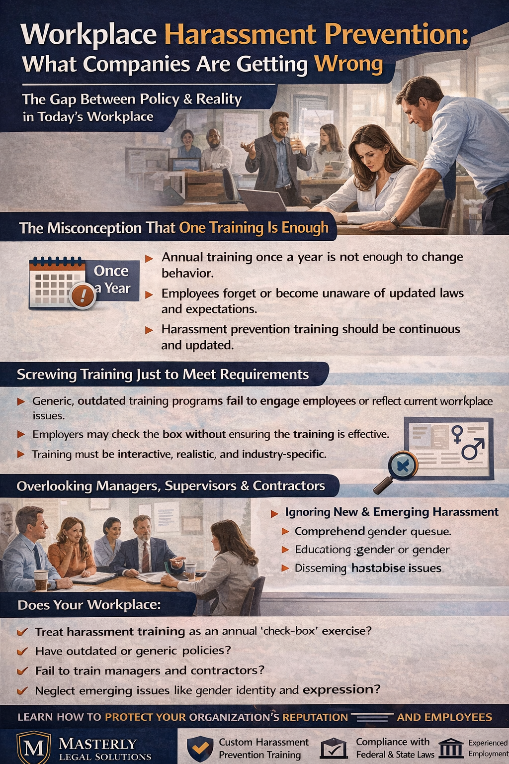 Workplace Harassment Prevention: What Companies Are Getting Wrong.” It shows an office setting with employees interacting, including a scene suggesting inappropriate behavior between coworkers. The design highlights the gap between workplace policies and real-world behavior.
Sections explain common mistakes, such as relying on one-time annual training, using outdated or generic training programs, and failing to properly train managers, supervisors, and contractors. It emphasizes that harassment prevention training should be continuous, interactive, and tailored to the workplace.
Additional content addresses overlooked issues like emerging topics (including gender identity and expression) and ineffective “check-the-box” compliance approaches. A checklist section asks whether workplaces rely on outdated policies, neglect training key personnel, or ignore evolving harassment risks.
The footer encourages organizations to improve training, protect employees, and maintain compliance, with branding from Masterly Legal Solutions.