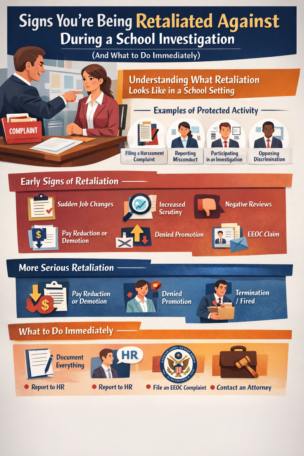 Signs You’re Being Retaliated Against During a School Investigation (And What to Do Immediately).” It shows a workplace scene of a supervisor pointing at an employee across a desk labeled “Complaint.” Sections outline examples of protected activity (filing complaints, reporting misconduct, participating in investigations, opposing discrimination), early signs of retaliation (job changes, increased scrutiny, negative reviews, pay reduction, denied promotion), more serious retaliation (demotion, denied promotion, termination), and immediate actions to take (document everything, report to HR, file an EEOC complaint, contact an attorney). The design uses icons, bold headings, and color-coded sections for clarity.