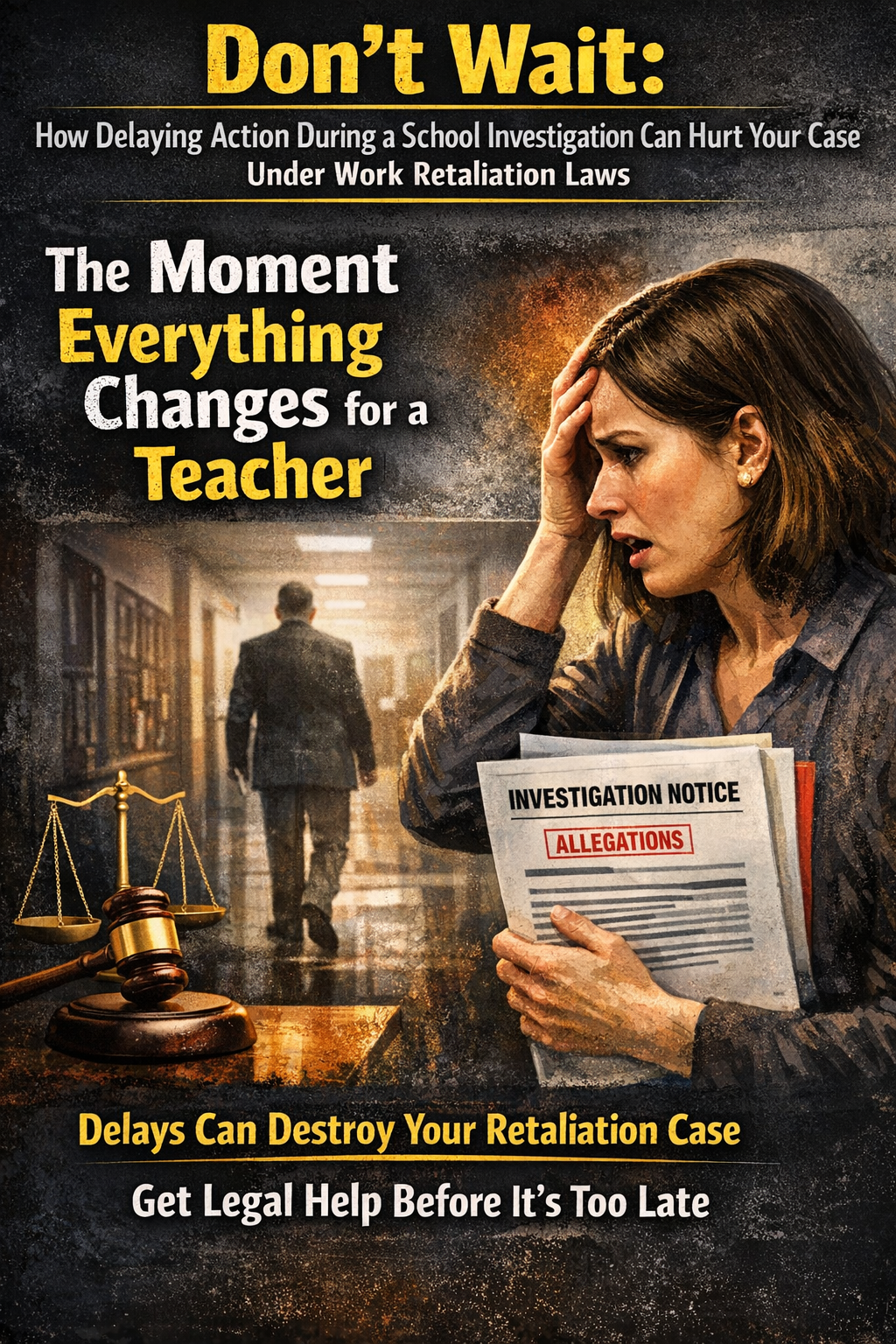 Don’t Wait: How Delaying Action During a School Investigation Can Hurt Your Case Under Work Retaliation Laws,” featuring a distressed teacher holding investigation documents labeled “Allegations,” a blurred school hallway with an administrator walking away, and legal symbols like a gavel and scales of justice, emphasizing urgency and the risks of delaying legal action.