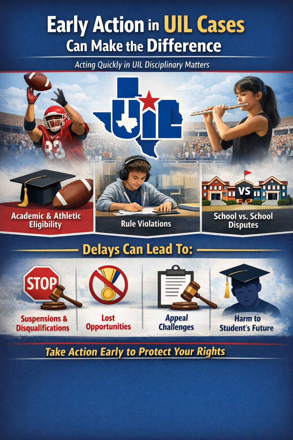Infographic illustrating the importance of early action in UIL cases, highlighting eligibility issues, rule violations, and school disputes, along with potential consequences of delays such as suspensions, lost opportunities, appeal challenges, and harm to a student’s future.