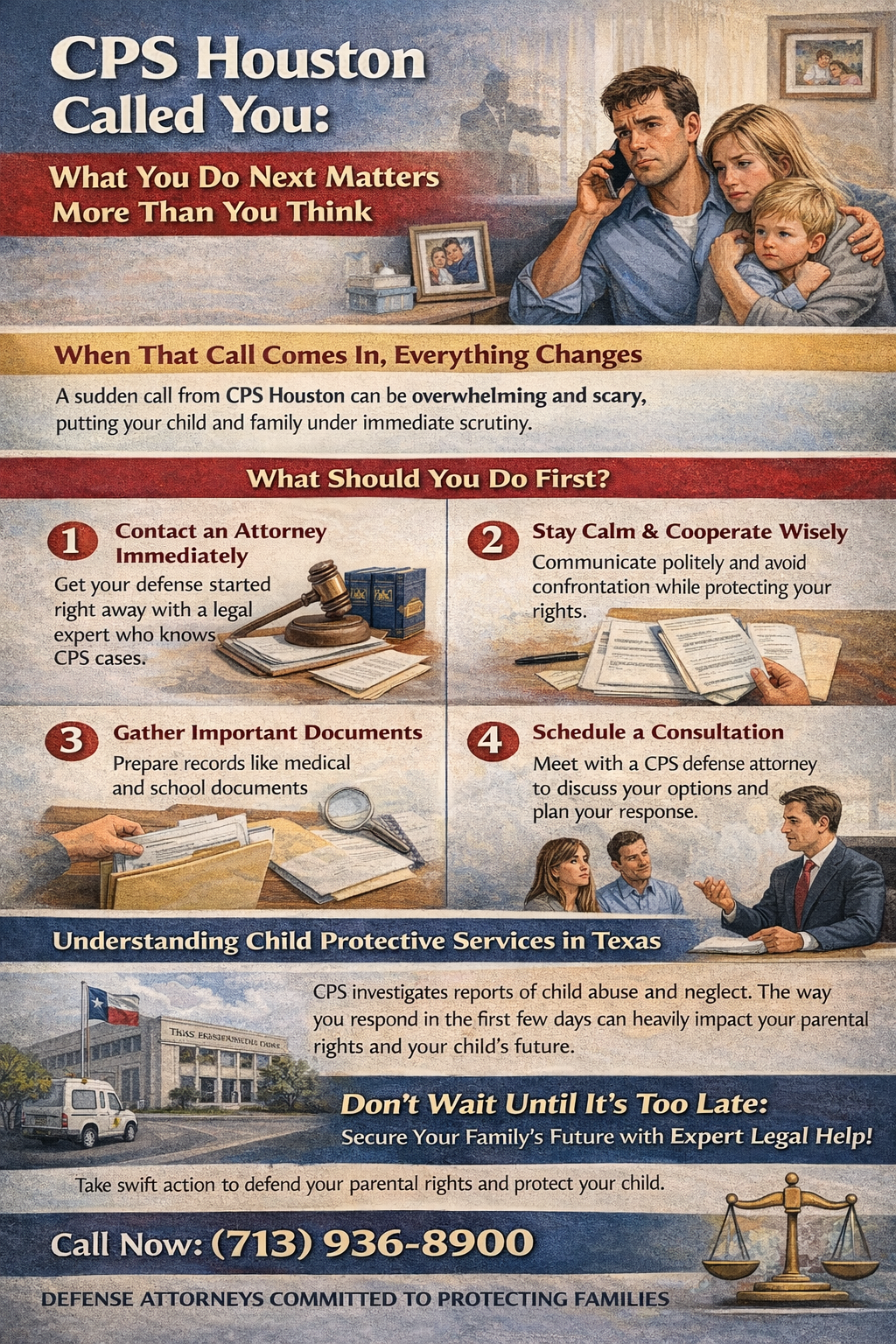 CPS Houston Called You: What You Do Next Matters More Than You Think.” It shows a worried parent on the phone while holding a child, illustrating the stress of receiving a call from Child Protective Services. The graphic explains that a CPS call can be overwhelming and may place a family under immediate scrutiny.
A section outlines key first steps to take: contact an attorney immediately, stay calm and communicate carefully, gather important documents such as medical and school records, and schedule a consultation with a CPS defense attorney.
Another section explains that CPS in Texas investigates reports of child abuse or neglect and that early actions can impact parental rights and a child’s future.
The infographic concludes with a call to act quickly to protect your family, emphasizing the importance of legal support and safeguarding parental rights during a CPS case.