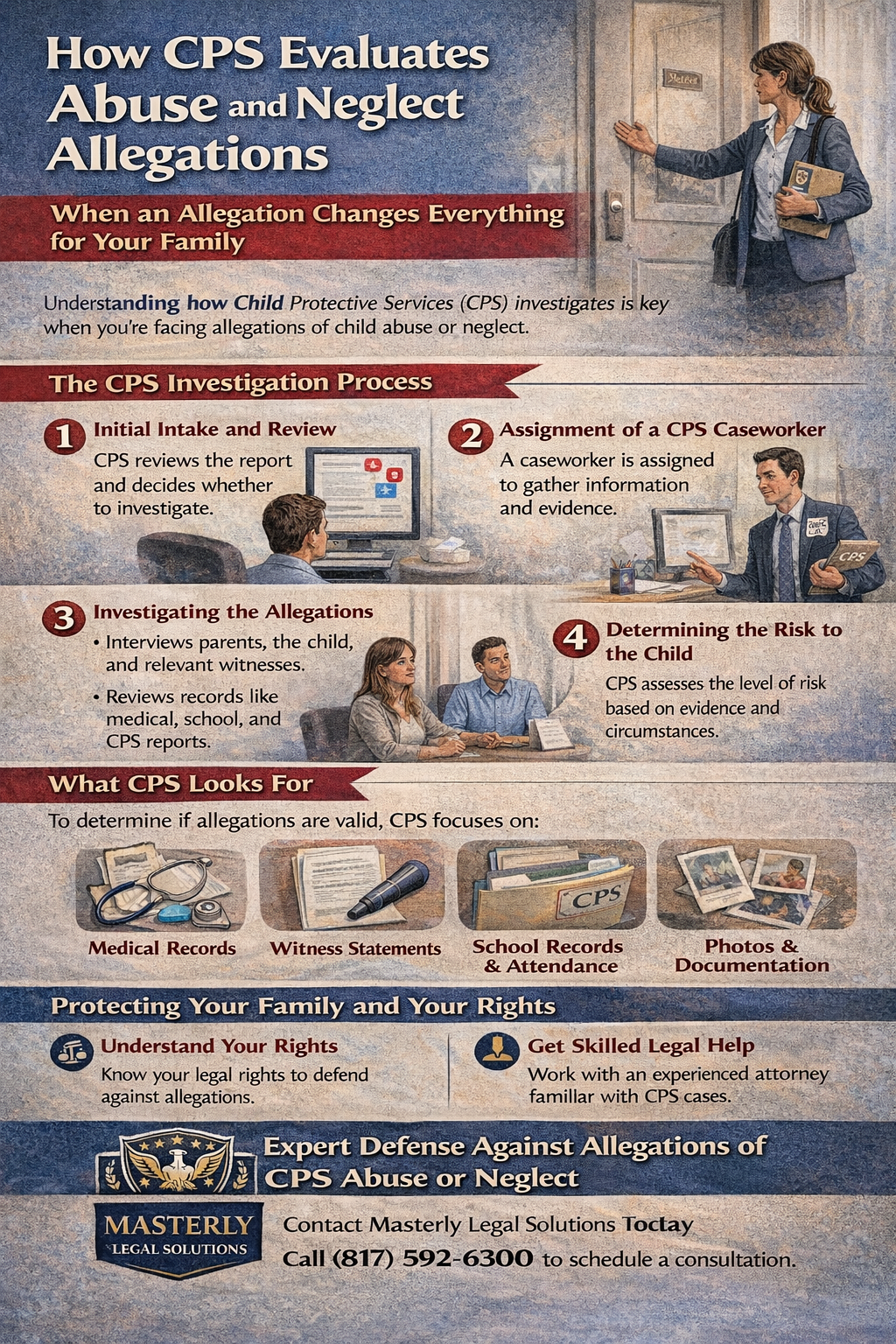 How CPS Evaluates Abuse and Neglect Allegations.” It depicts a CPS worker knocking on a door and scenes of interviews and document reviews to illustrate the investigation process.
The graphic breaks down the process into four steps: initial intake and review of a report, assignment of a CPS caseworker, investigation of allegations through interviews and record reviews, and determination of risk to the child based on evidence and circumstances.
It highlights the types of evidence CPS considers, including medical records, witness statements, school records and attendance, and photos or documentation.
The infographic also emphasizes protecting your family and your rights by understanding the process and seeking experienced legal help, ending with a call to contact Masterly Legal Solutions for assistance with CPS cases.