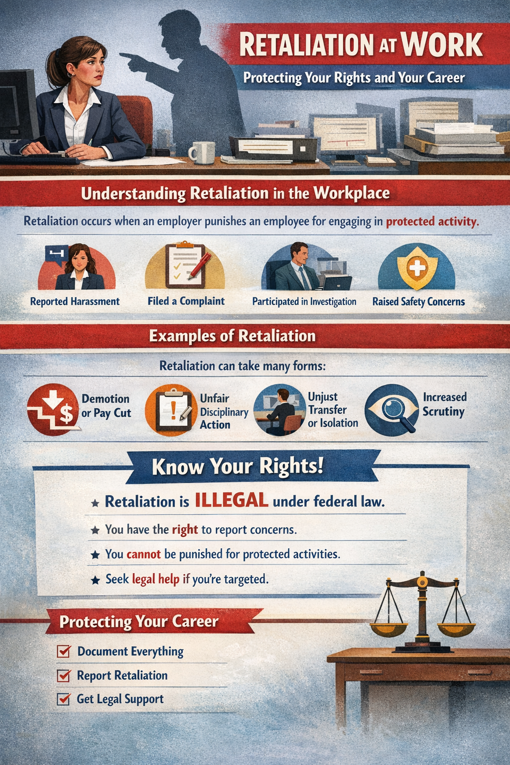 Retaliation at Work: Protecting Your Rights and Your Career.” It shows a workplace scene with a manager pointing at an employee, illustrating retaliation. The graphic explains that retaliation occurs when an employer punishes an employee for engaging in protected activity, such as reporting harassment, filing a complaint, participating in an investigation, or raising safety concerns. It provides examples of retaliation, including demotion, pay cuts, unfair disciplinary action, unjust transfers, isolation, and increased scrutiny. A section highlights that retaliation is illegal under federal law and emphasizes employees’ rights to report concerns without punishment. The infographic concludes with tips for protecting your career, including documenting everything, reporting retaliation, and seeking legal help.