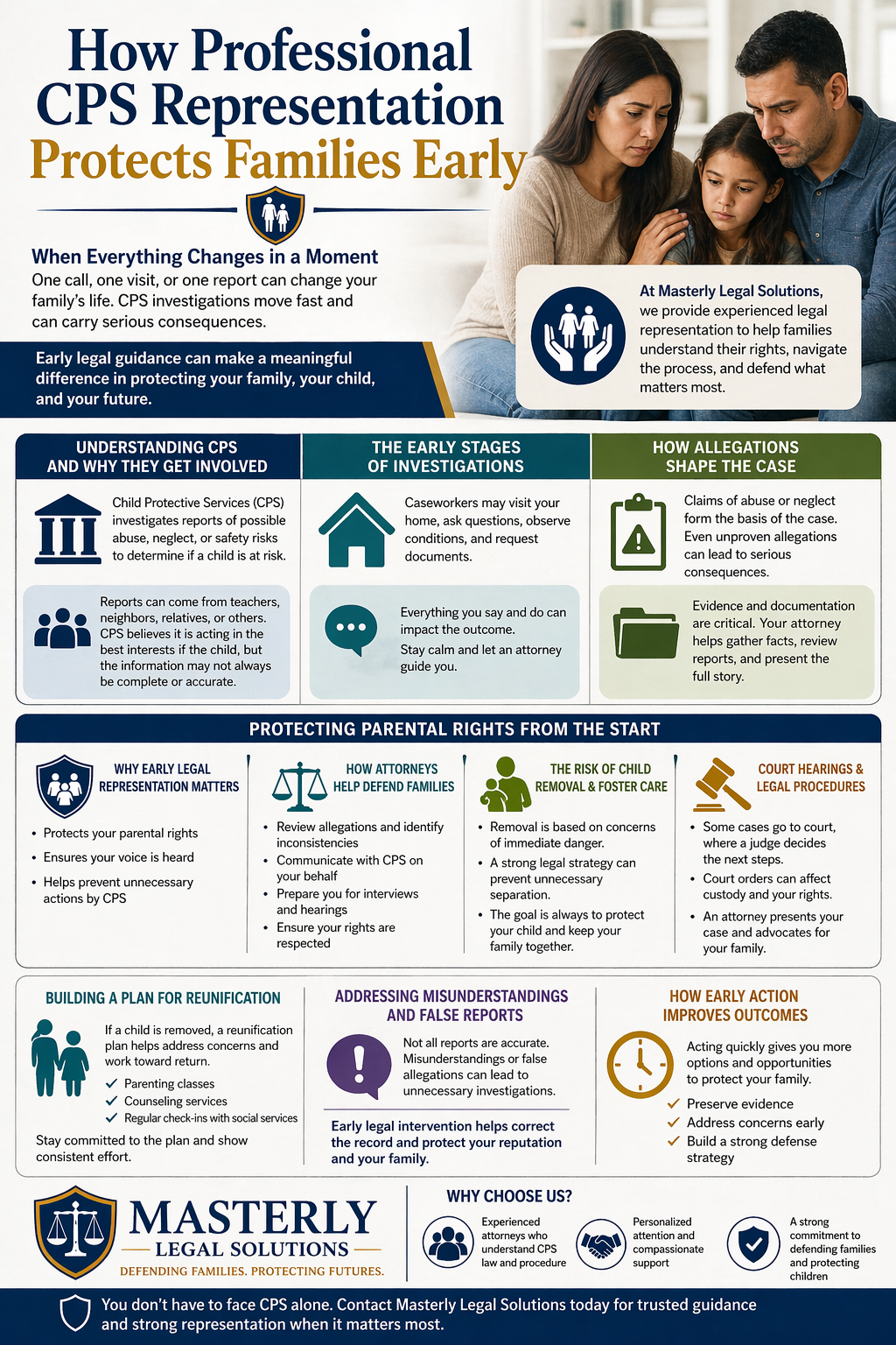 How Professional CPS Representation Protects Families Early.” It explains how Child Protective Services (CPS) investigations begin, why CPS gets involved, and how allegations of abuse or neglect shape a case. Sections highlight the importance of early legal representation, protecting parental rights, risks of child removal and foster care, and navigating court hearings. It also covers reunification plans, addressing false reports, and how early action improves outcomes, emphasizing legal guidance from Masterly Legal Solutions to help families protect their rights and stay together.