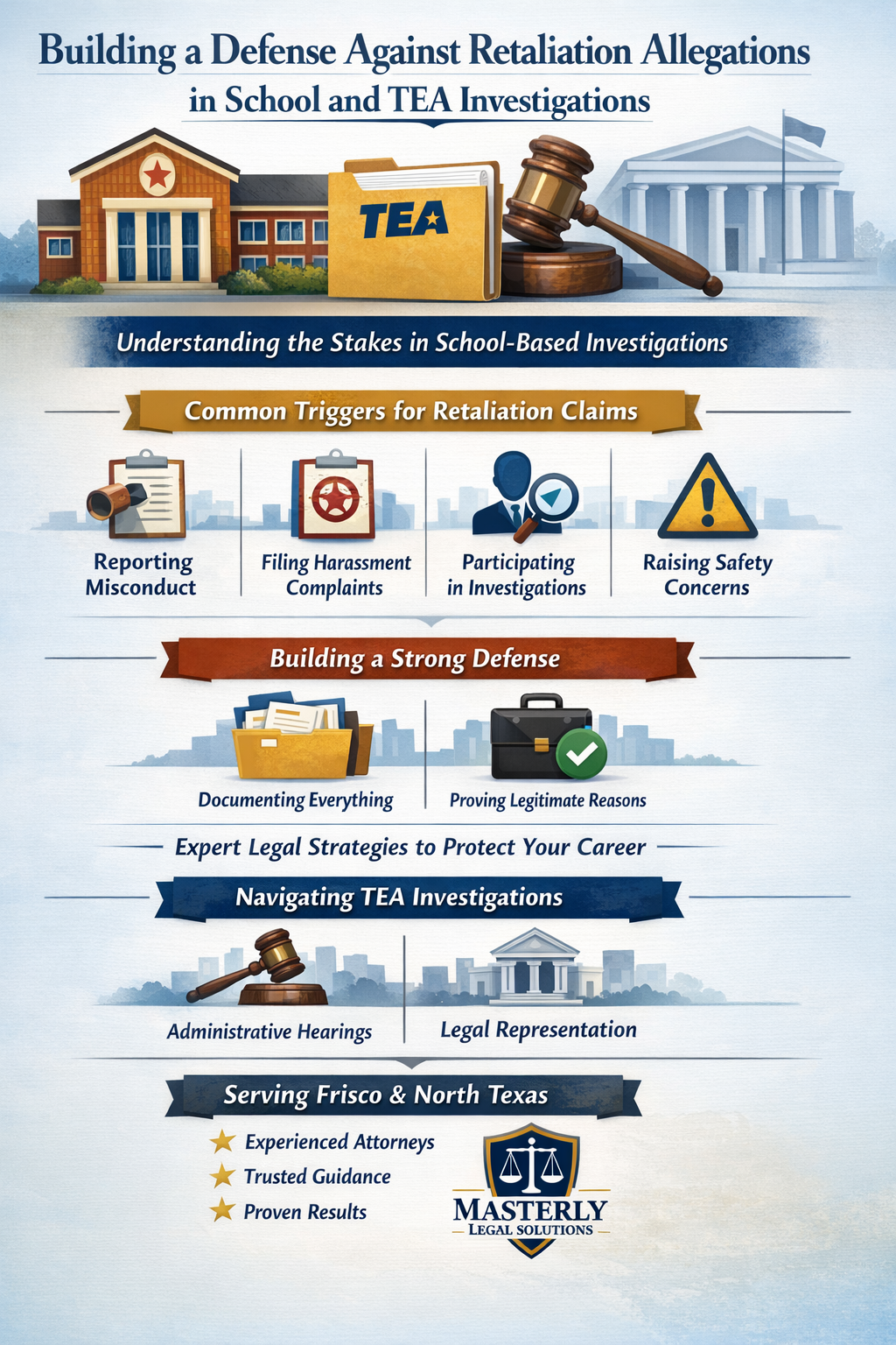 Building a Defense Against Retaliation Allegations in School and TEA Investigations.” It features sections on understanding school-based investigations, common triggers for retaliation claims (reporting misconduct, filing complaints, participating in investigations, raising safety concerns), strategies for building a strong defense (documenting evidence and proving legitimate reasons), navigating TEA investigations (administrative hearings and legal representation), and highlights Masterly Legal Solutions serving Frisco and North Texas with experienced attorneys, trusted guidance, and proven results.