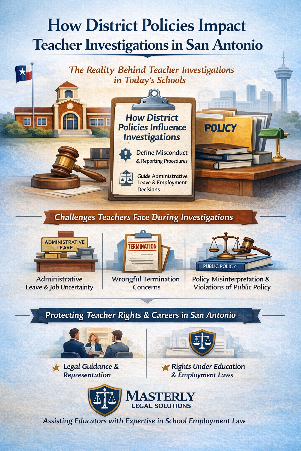 How District Policies Impact Teacher Investigations in San Antonio.” It outlines how school district policies shape investigations, including defining misconduct and guiding administrative leave decisions. Sections highlight challenges teachers face such as administrative leave, wrongful termination concerns, and policy misinterpretation. It also emphasizes protecting teacher rights through legal guidance and representation, along with understanding rights under education and employment laws, presented by Masterly Legal Solutions.
