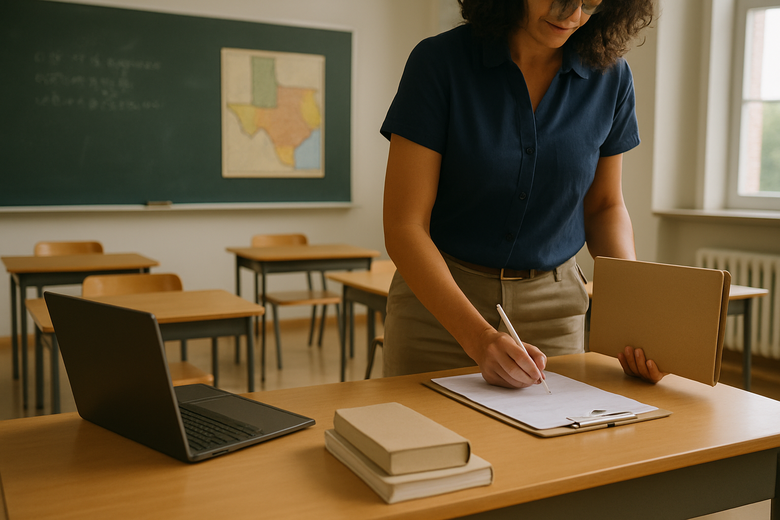 A teacher is writing on a clipboard in a classroom.