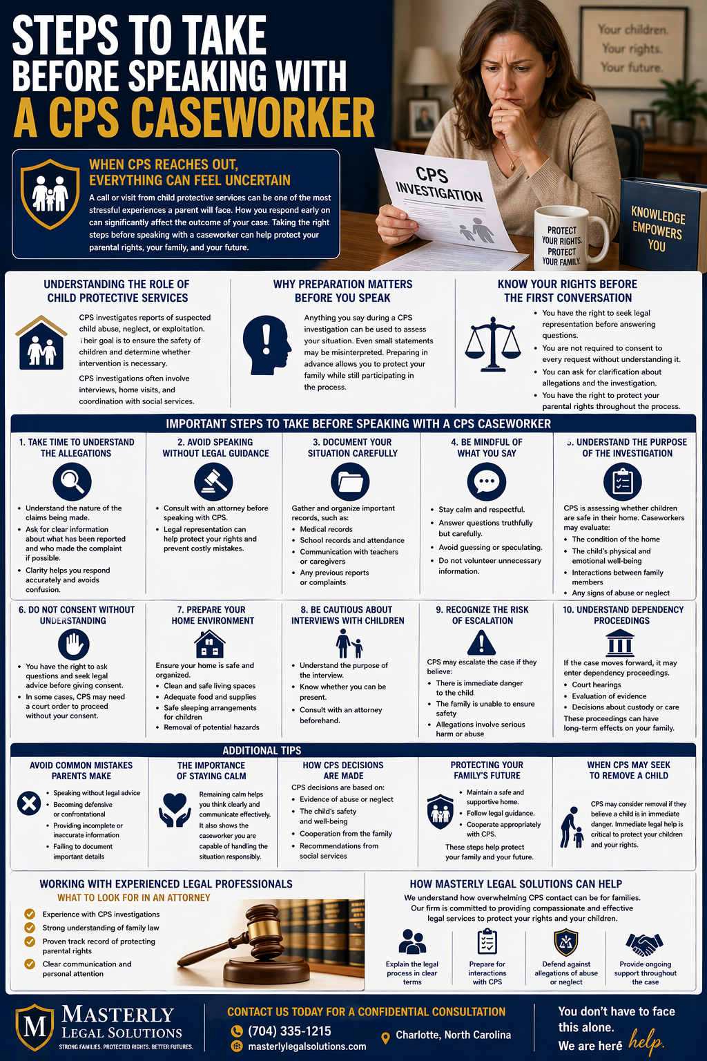 Steps to Take Before Speaking With a CPS Caseworker.” It features a concerned parent sitting at a desk reviewing a document labeled “CPS Investigation,” with a home setting in the background. The infographic explains how contact from child protective services can feel overwhelming and outlines the importance of preparation before speaking with a caseworker.
The design includes sections on understanding the role of child protective services, why preparation matters, and knowing your rights before the first conversation. It highlights key rights such as seeking legal representation, asking for clarification of allegations, and not consenting to requests without understanding them.
A central section provides step-by-step guidance, including understanding the allegations, avoiding speaking without legal advice, documenting records like medical and school information, being mindful of communication, and understanding the purpose of the investigation. Additional steps include not consenting without understanding, preparing the home environment, being cautious about interviews with children, recognizing the risk of escalation, and understanding dependency proceedings.
Further sections offer tips on avoiding common mistakes, staying calm, how CPS decisions are made, protecting the family’s future, and when CPS may seek to remove a child. The infographic also emphasizes the importance of working with experienced legal professionals and outlines how a law firm can assist with CPS cases.
The layout uses icons, bullet points, and clearly defined sections with a navy, white, and gold color scheme to present legal guidance in a structured and easy-to-follow format.