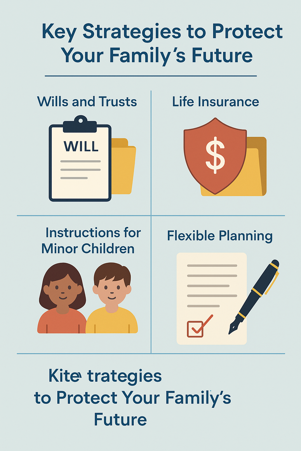 Infographic titled 'Key Strategies to Protect Your Family’s Future,' featuring icons and sections for Wills and Trusts, Life Insurance, Instructions for Minor Children, and Flexible Planning, all displayed on a light blue background with clean, simple illustrations.