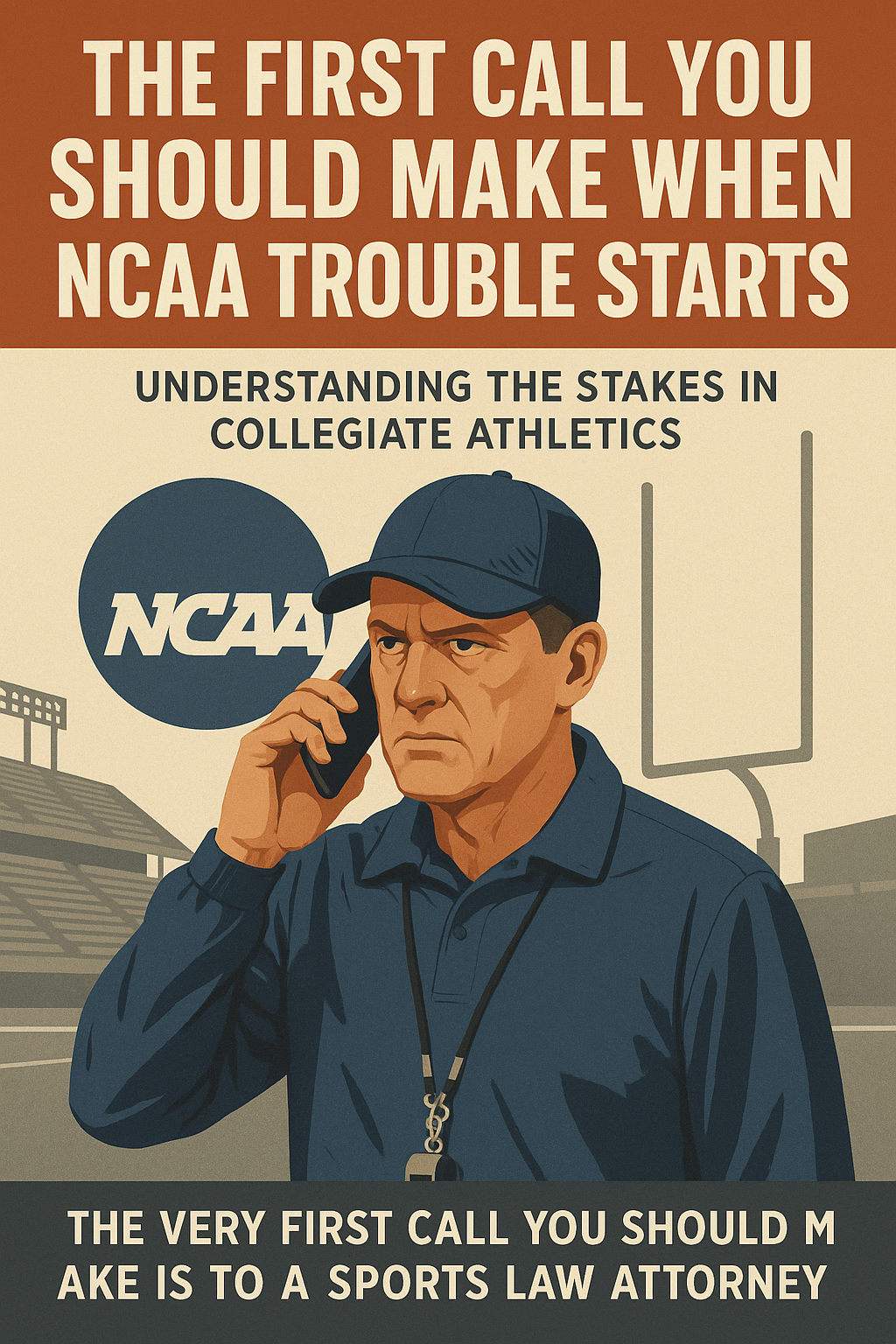 A vintage-style graphic poster showing a serious male coach in a navy shirt and cap speaking urgently on a cellphone. Behind him are stylized football stadium bleachers, a goalpost, and a large NCAA logo. The bold headline reads: 