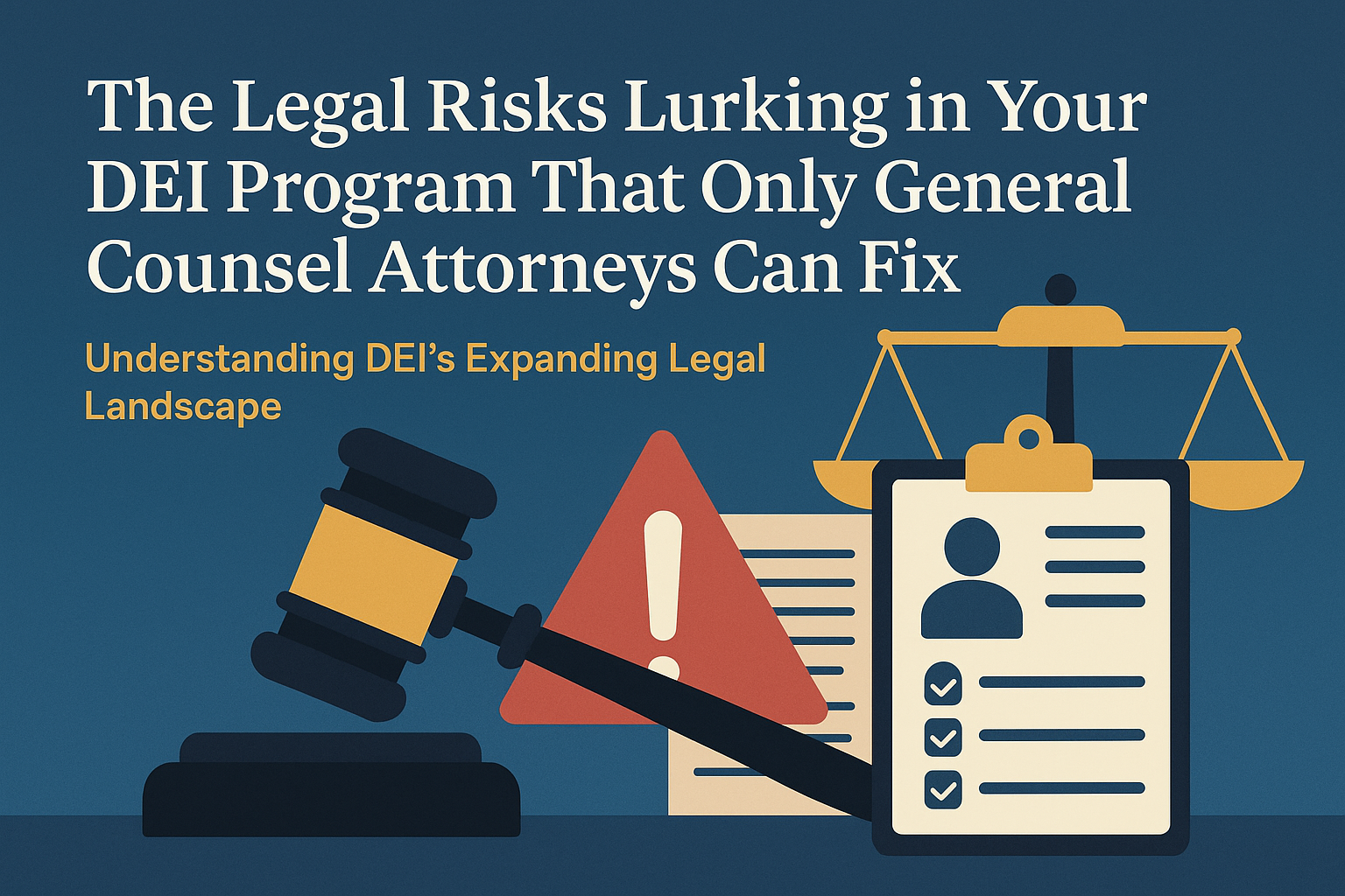 Illustration showing legal imagery to highlight corporate DEI program risks: a gavel strikes near a red warning triangle, a clipboard with a DEI checklist, and justice scales. The headline reads, “The Legal Risks Lurking in Your DEI Program That Only General Counsel Attorneys Can Fix,” with a subtitle, “Understanding DEI’s Expanding Legal Landscape.” The background features a professional color scheme of deep blue, gold, and red, emphasizing the seriousness of legal compliance in diversity initiatives.
