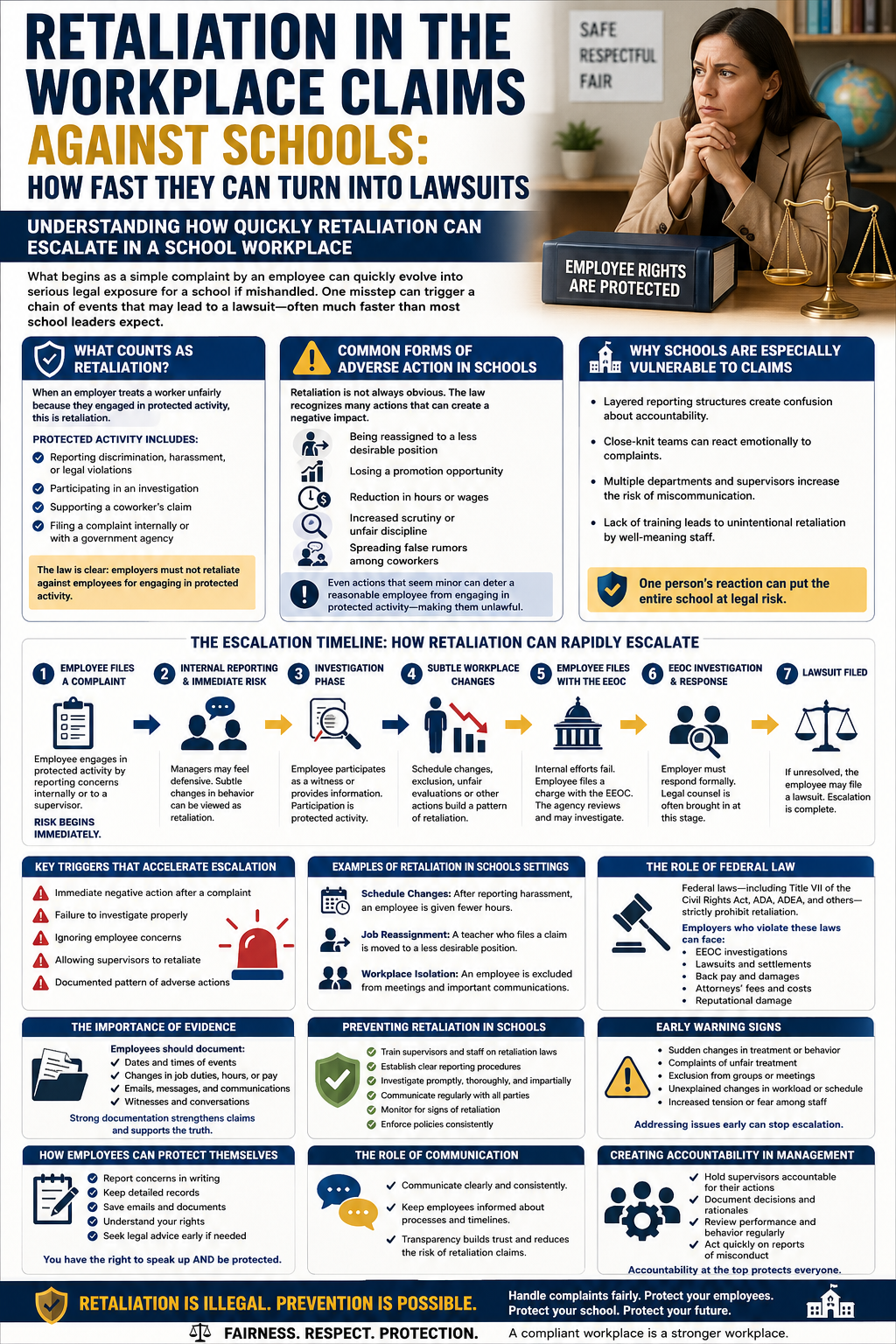 Retaliation in the Workplace Claims Against Schools: How Fast They Can Turn Into Lawsuits.” It features a serious-looking female professional seated at a desk beside a scale of justice and a book labeled “Employee Rights Are Protected.” The layout includes multiple sections explaining workplace retaliation in schools, including definitions of protected activity, examples of adverse actions (such as reassignment, reduced hours, and unfair discipline), and reasons schools are vulnerable to claims. A timeline illustrates how a complaint can quickly escalate from internal reporting to an EEOC filing and ultimately a lawsuit. Additional sections highlight key triggers of escalation, real-world examples, the importance of documentation, prevention strategies, early warning signs, and guidance for both employees and management. The overall design uses icons, charts, and structured panels in blue and gold tones to convey legal risk, compliance, and workplace fairness.