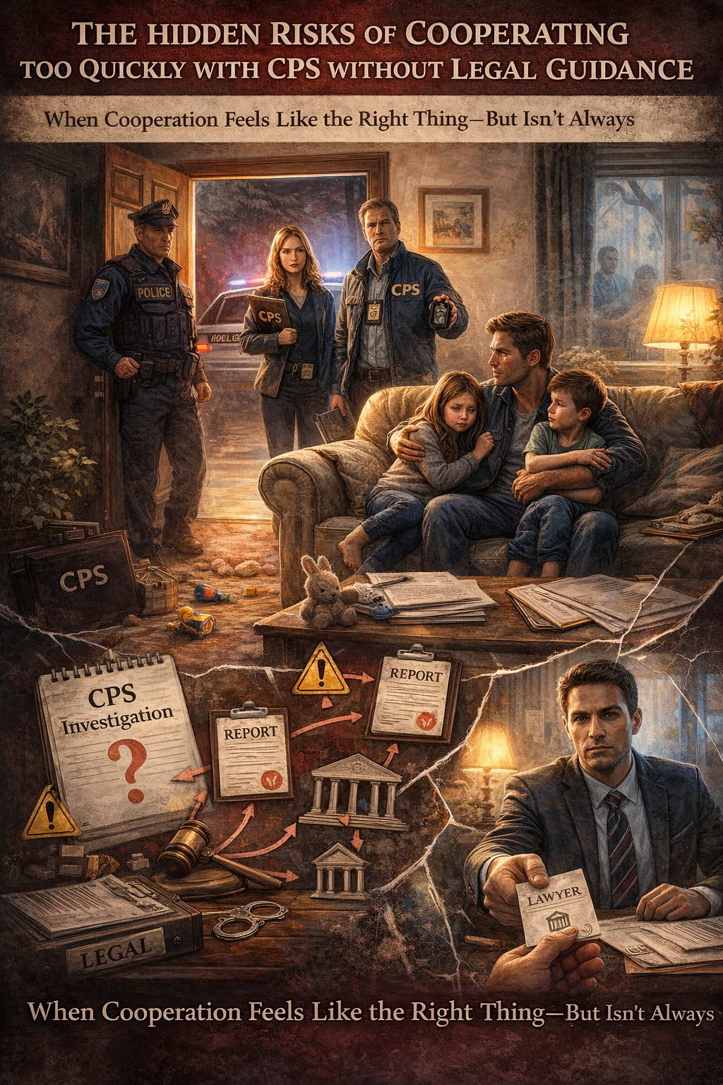 A distressed family sits together as CPS investigators enter their home, illustrating the risks of cooperating too quickly without legal guidance, while a lawyer offers support to protect parental rights.