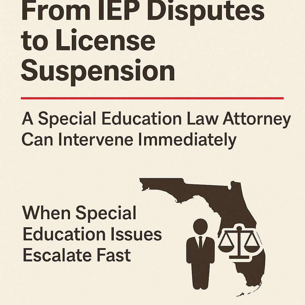 Beige background flyer with bold dark brown headline 'From IEP Disputes to License Suspension' above a red horizontal line. Below, the subheading reads 'A Special Education Law Attorney Can Intervene Immediately.' In the lower section, the text 'When Special Education Issues Escalate Fast' appears next to a dark brown silhouette of Florida containing a black attorney icon and scales of justice symbol.